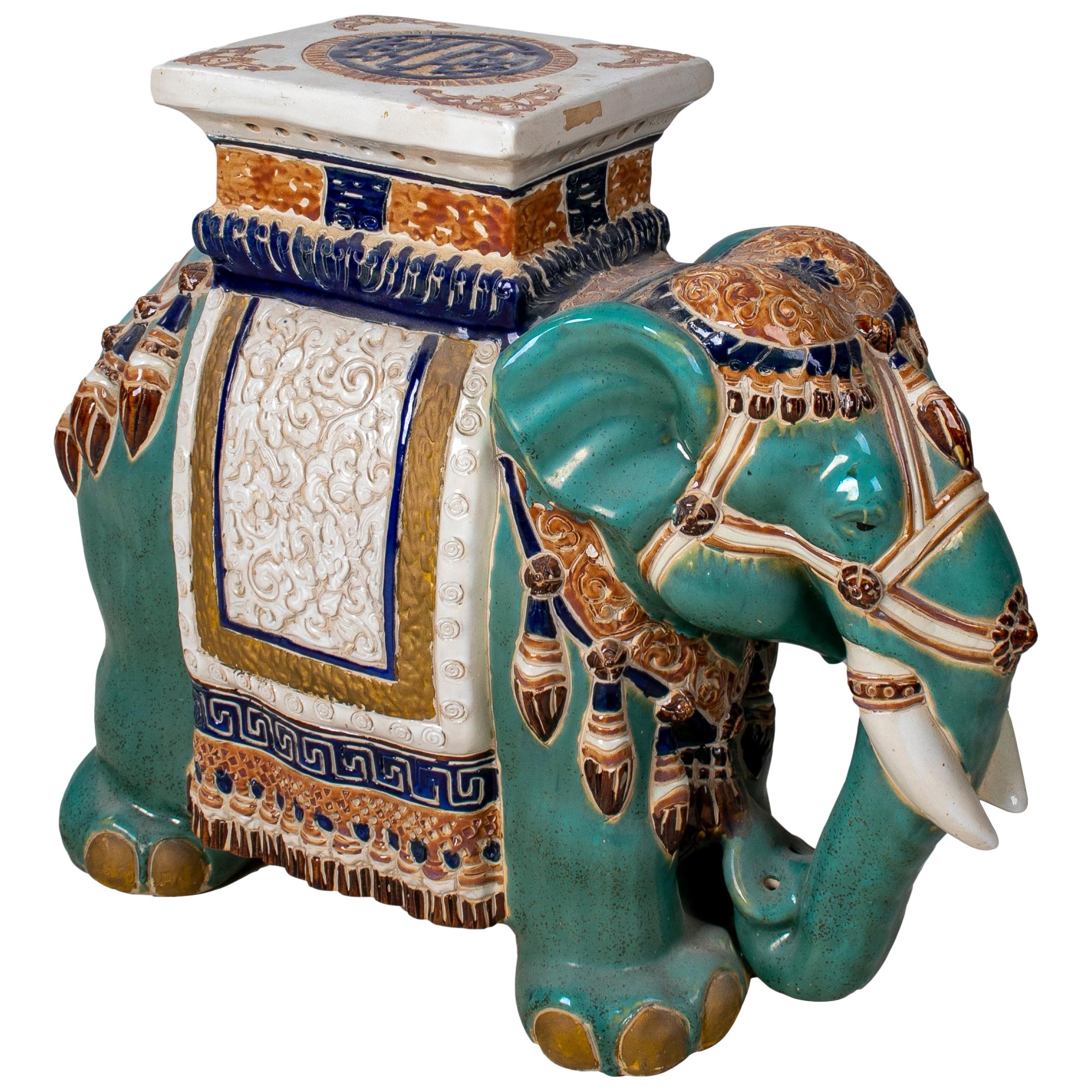 1980s Spanish Glazed Ceramic Painted Elephant Pedestal