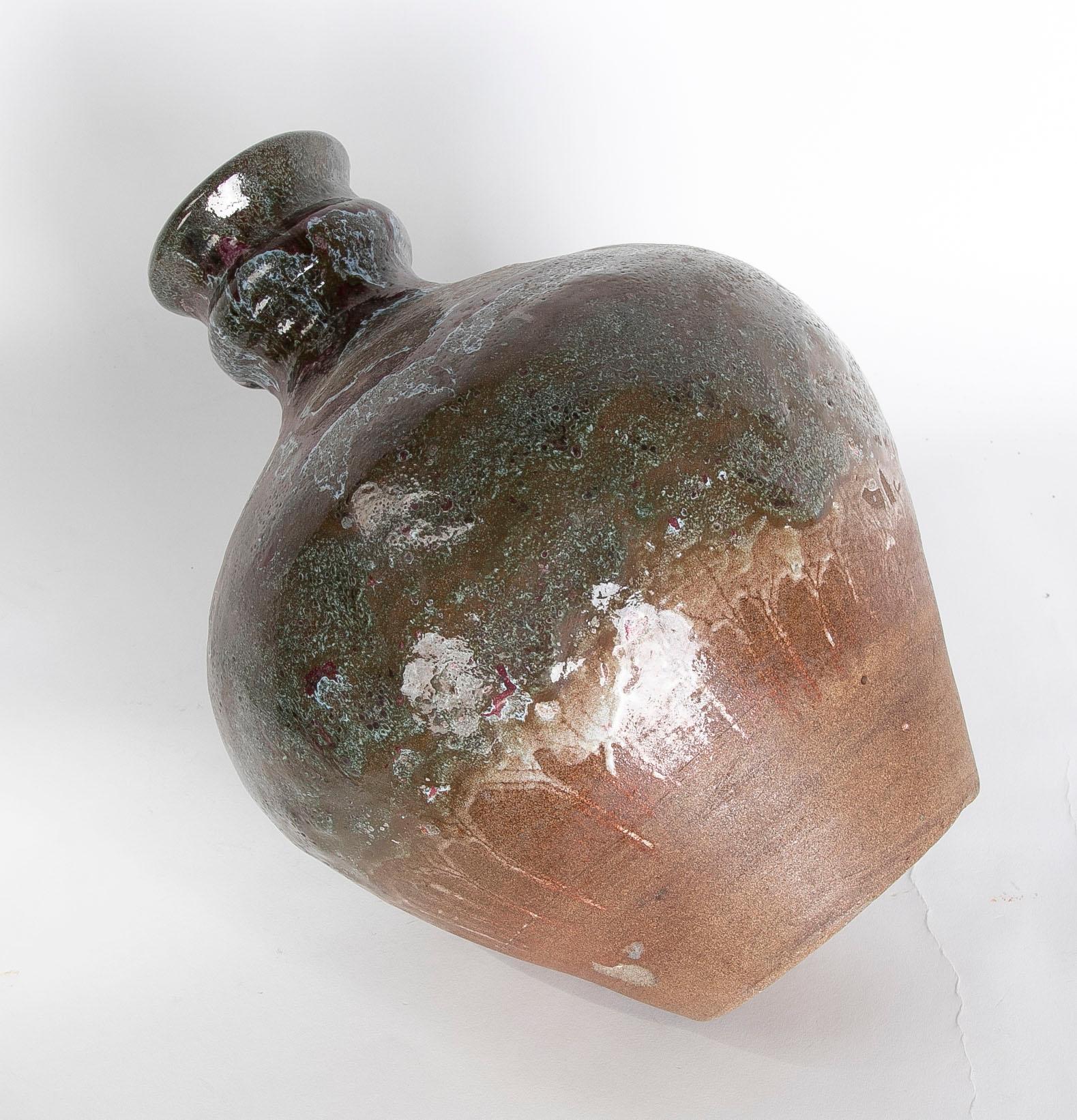 1980s Spanish Glazed Ceramic Vase in Brown Tones For Sale 7