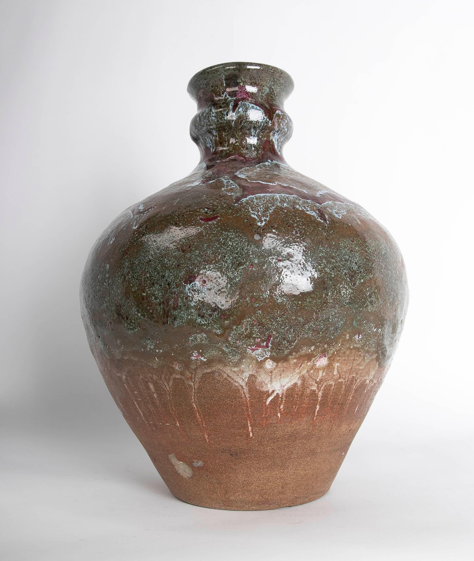 1980s Spanish Glazed Ceramic Vase in Brown Tones For Sale 5