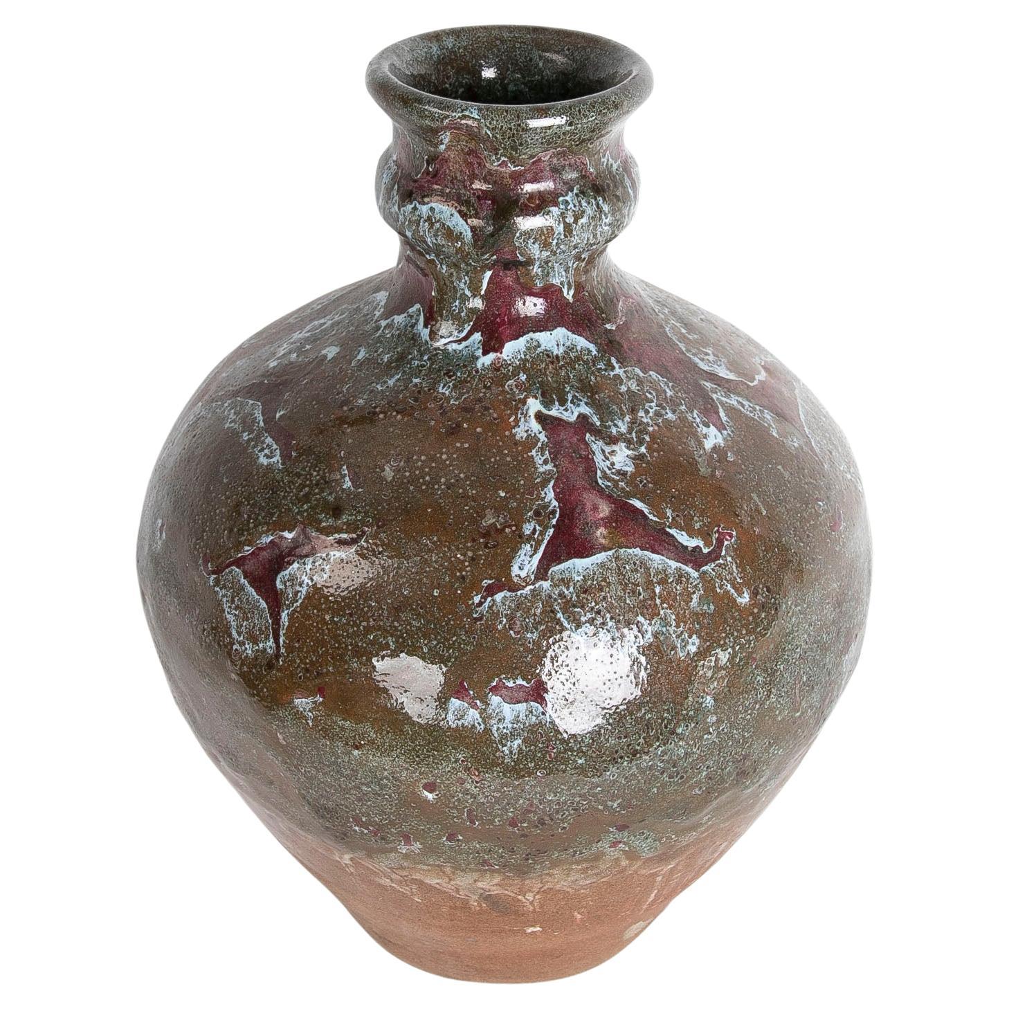 Vase en céramique émaillée espagnole des années 1980 dans les tons bruns