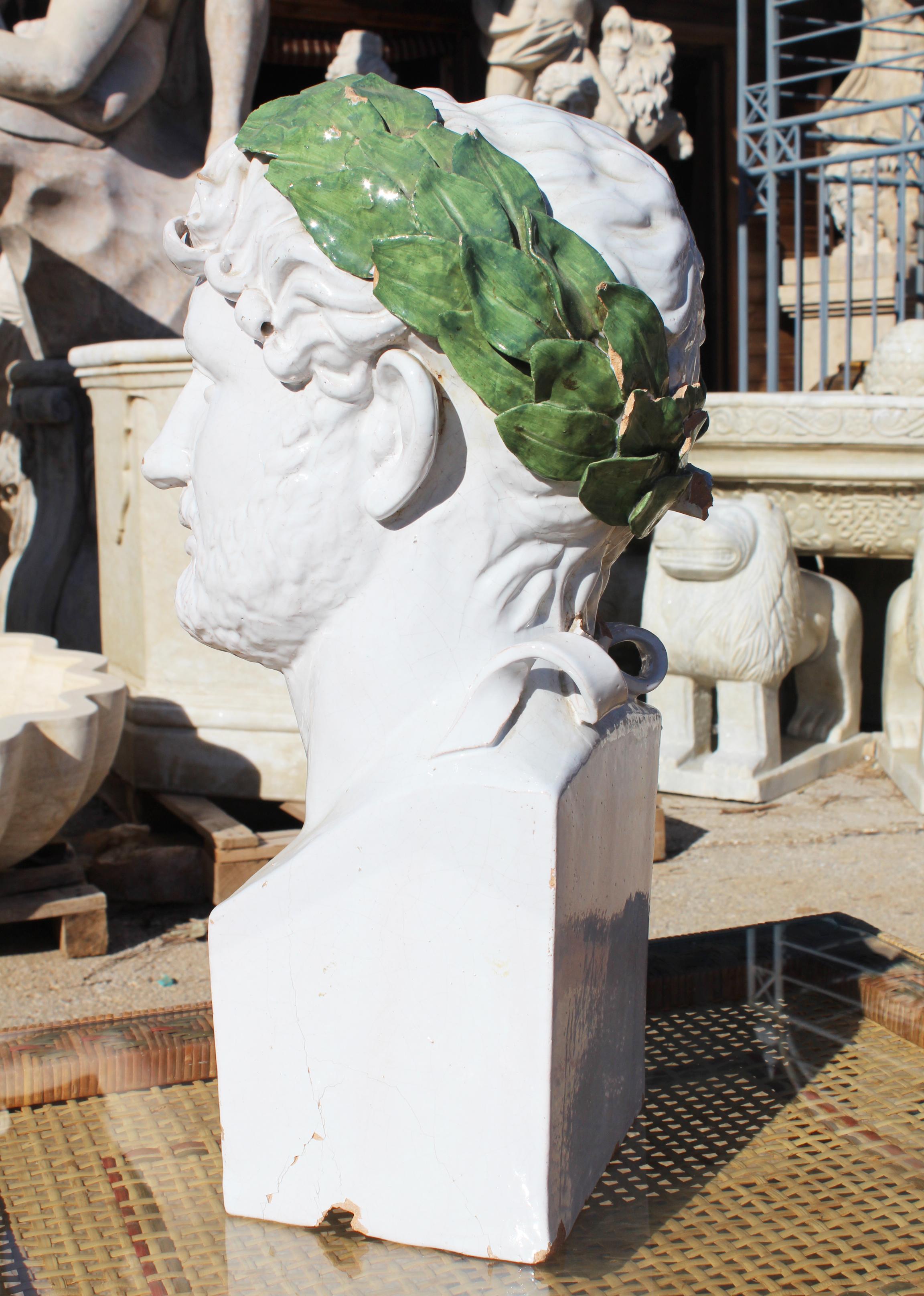 1980s Spanish Glazed Terracotta Bust of Roman Emperor Adrian with Laurel Wreath In Fair Condition In Marbella, ES