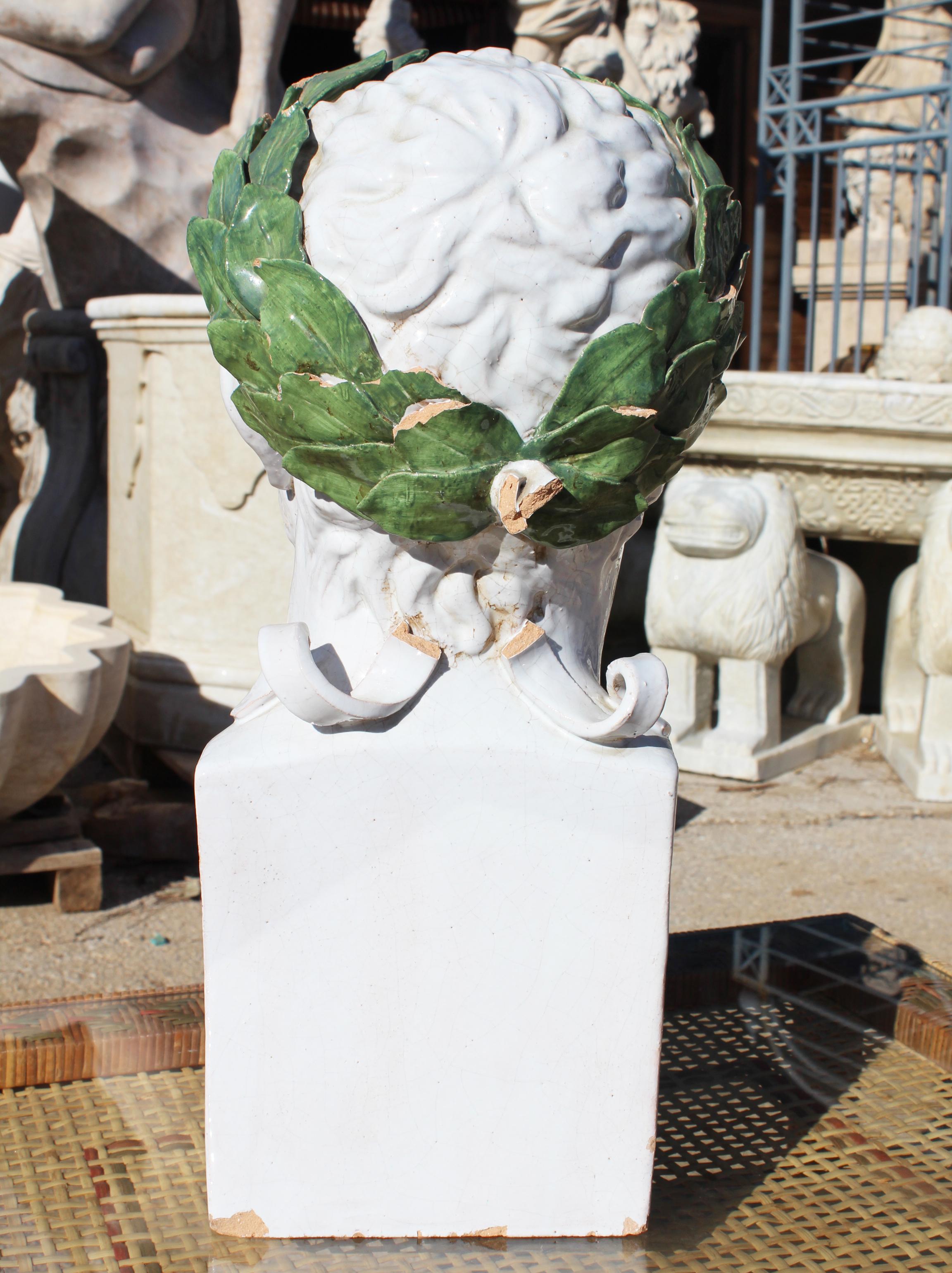 20th Century 1980s Spanish Glazed Terracotta Bust of Roman Emperor Adrian with Laurel Wreath
