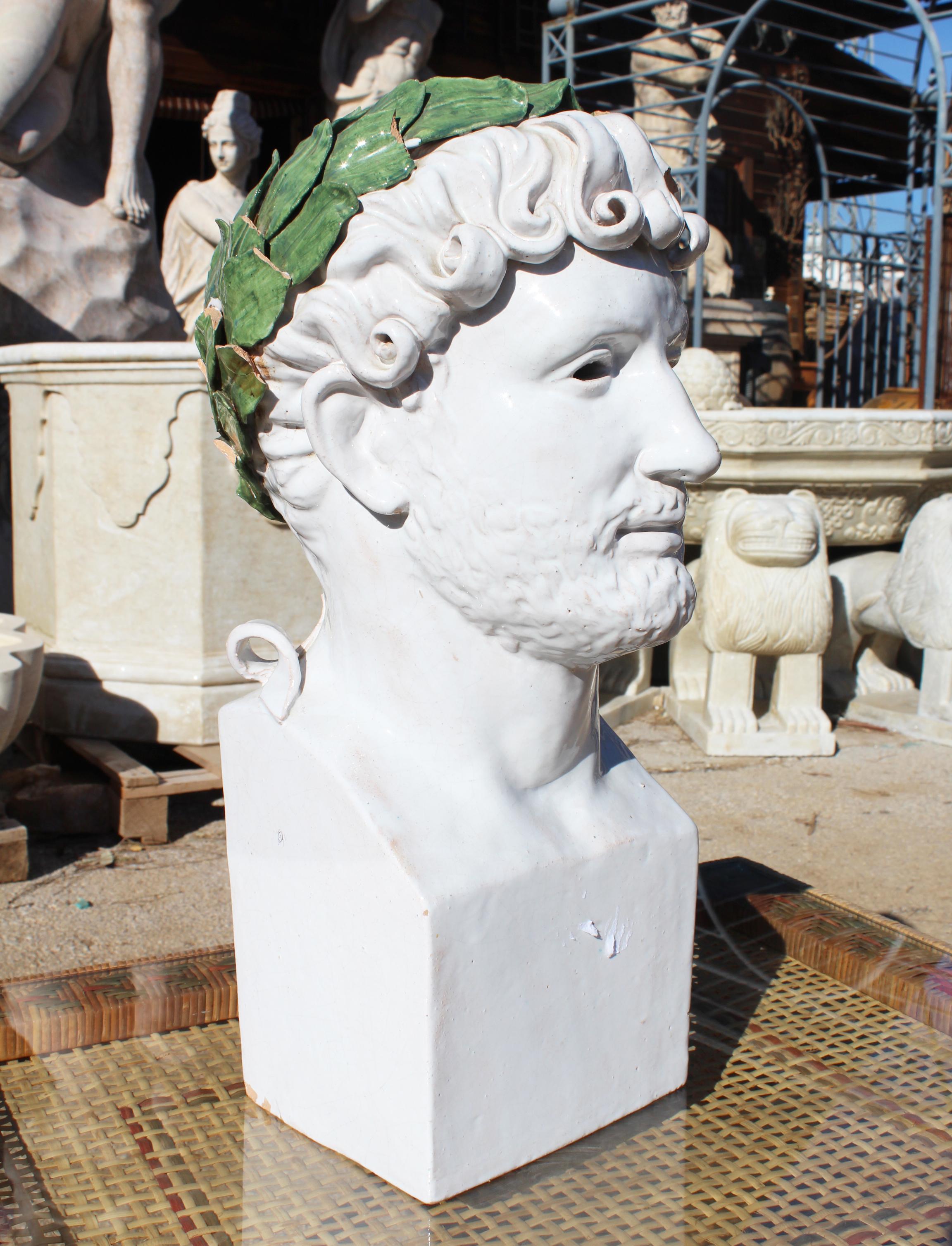 1980s Spanish Glazed Terracotta Bust of Roman Emperor Adrian with Laurel Wreath 2
