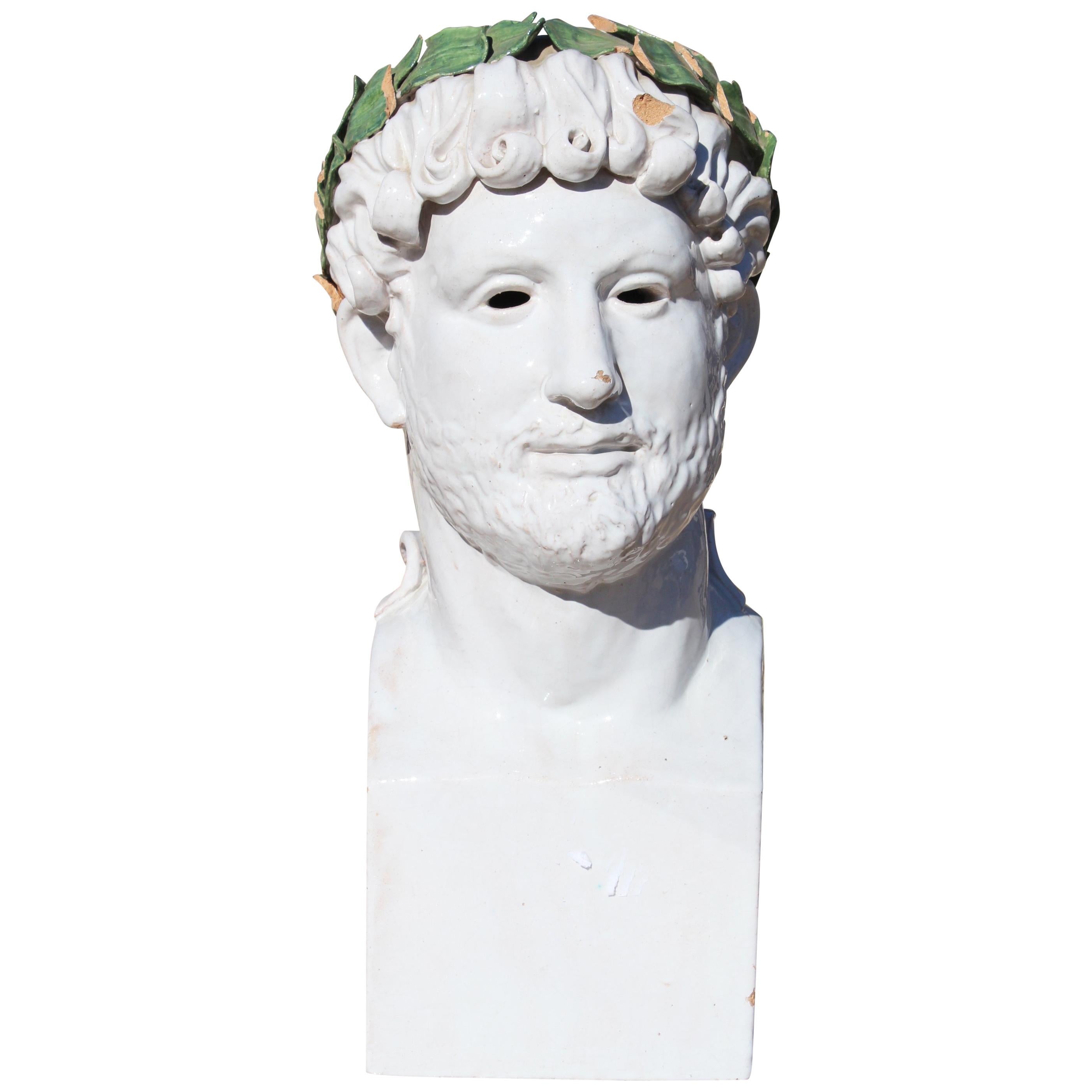 1980s Spanish Glazed Terracotta Bust of Roman Emperor Adrian with Laurel Wreath