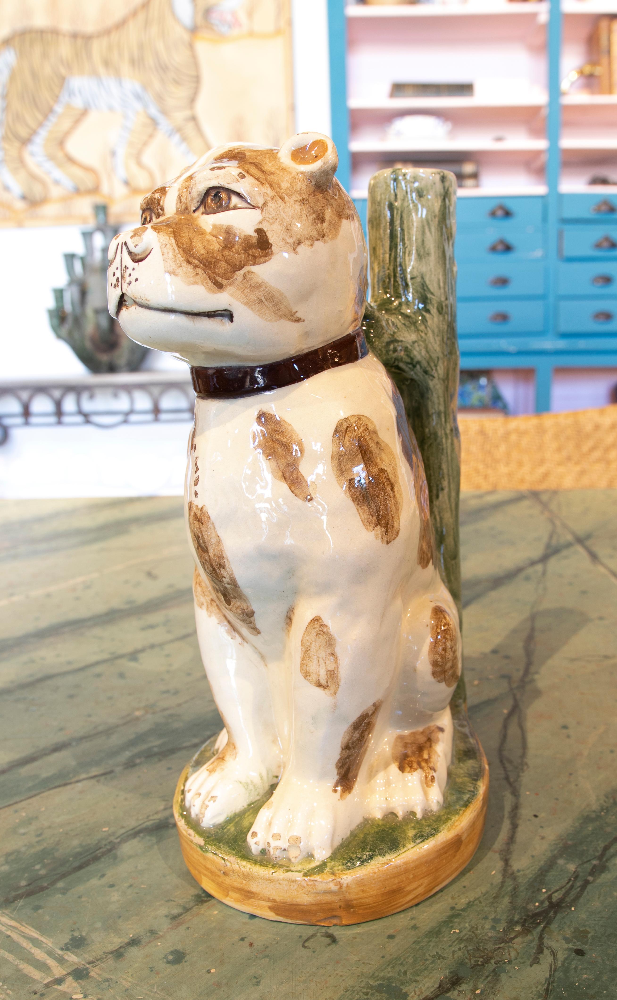 1980s Spanish Hand Painted Botijo of Glazed Dog Ceramic In Good Condition In Marbella, ES