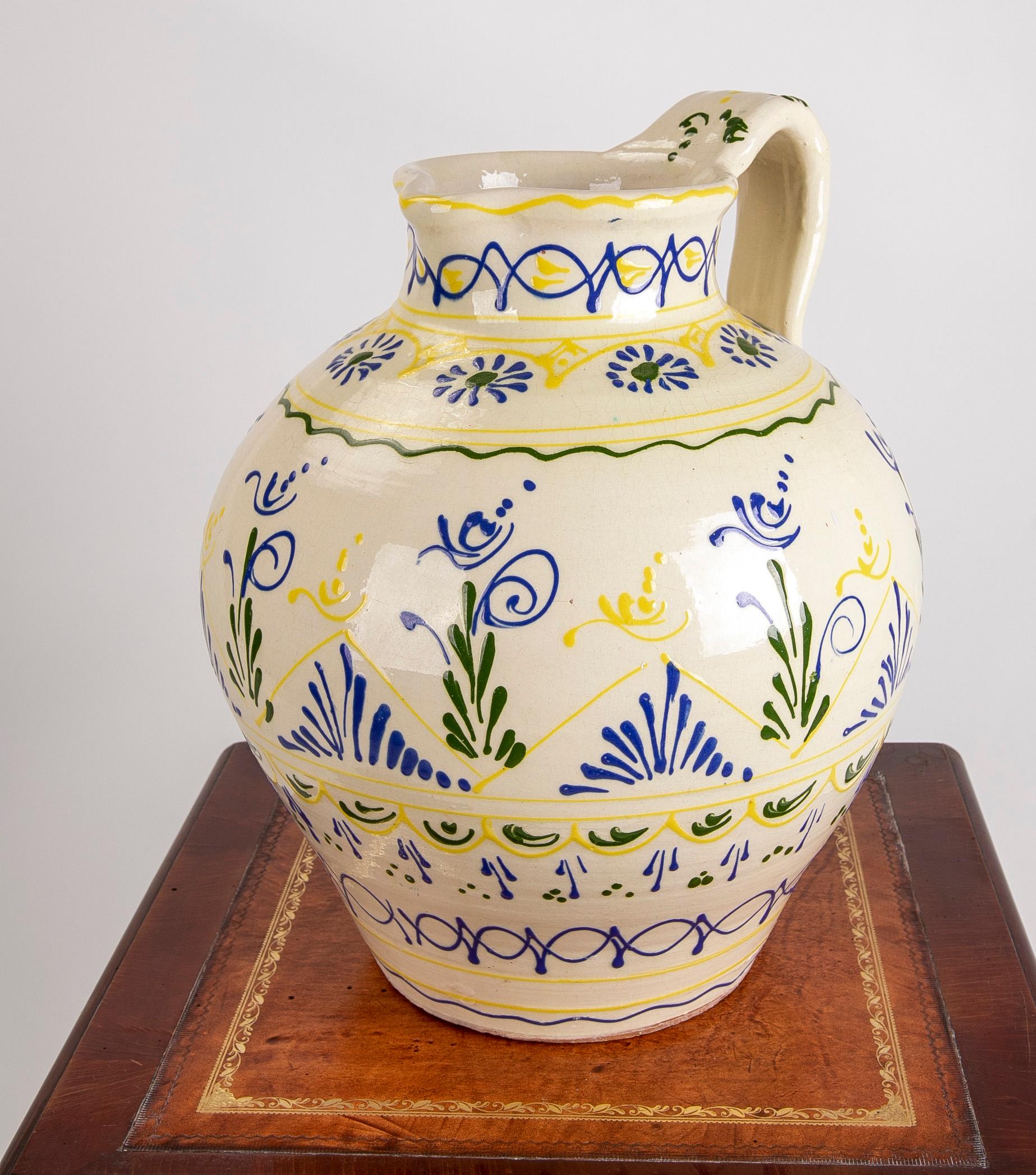 Glazed 1980s Spanish Hand-Painted Ceramic Jug with Handle for Wine For Sale