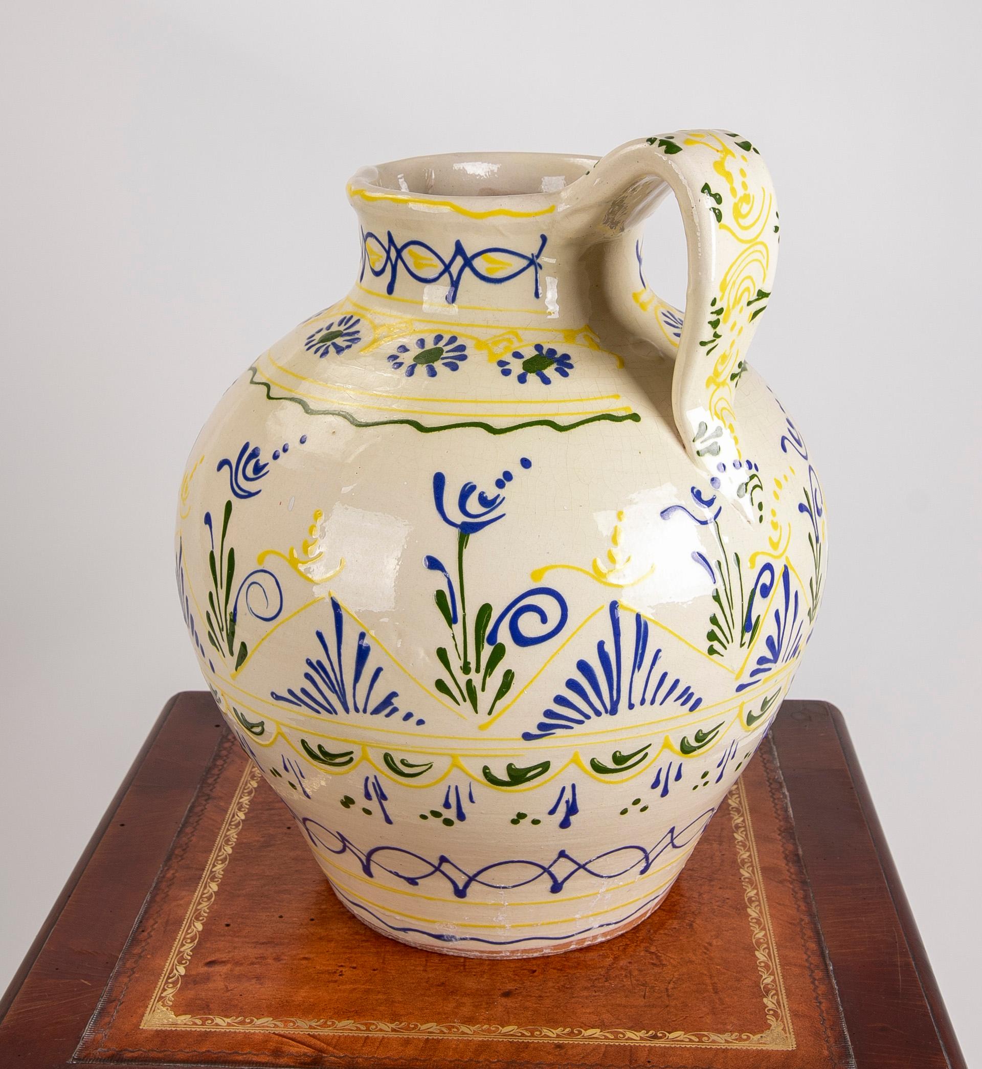 20th Century 1980s Spanish Hand-Painted Ceramic Jug with Handle for Wine For Sale