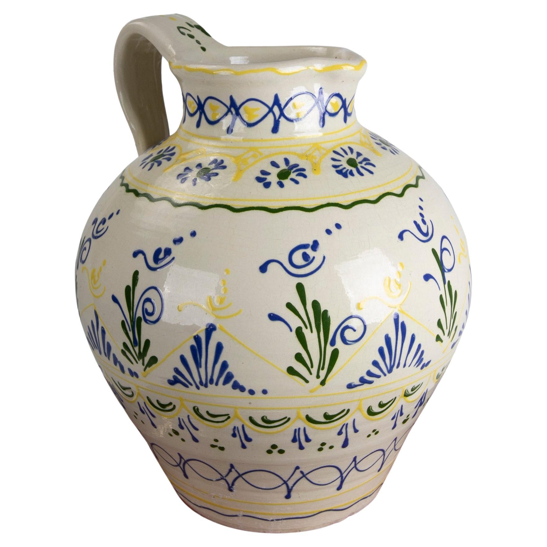 1980s Spanish Hand-Painted Ceramic Jug with Handle for Wine For Sale