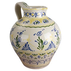 1980s Spanish Hand-Painted Ceramic Jug with Handle for Wine