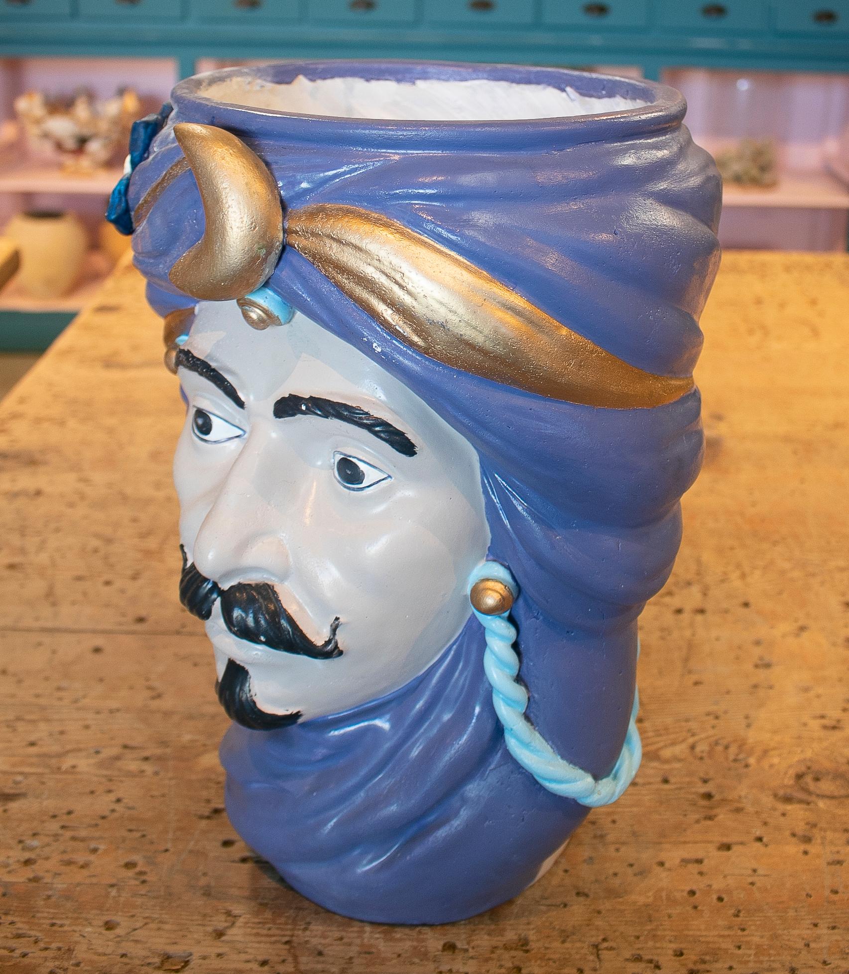 1980s Spanish hand painted ceramic vase representing an Arab figure.