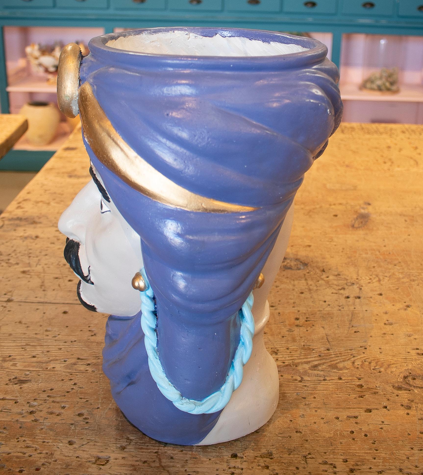 Hand-Painted 1980s Spanish Hand Painted Ceramic Vase Representing an Arab Figure