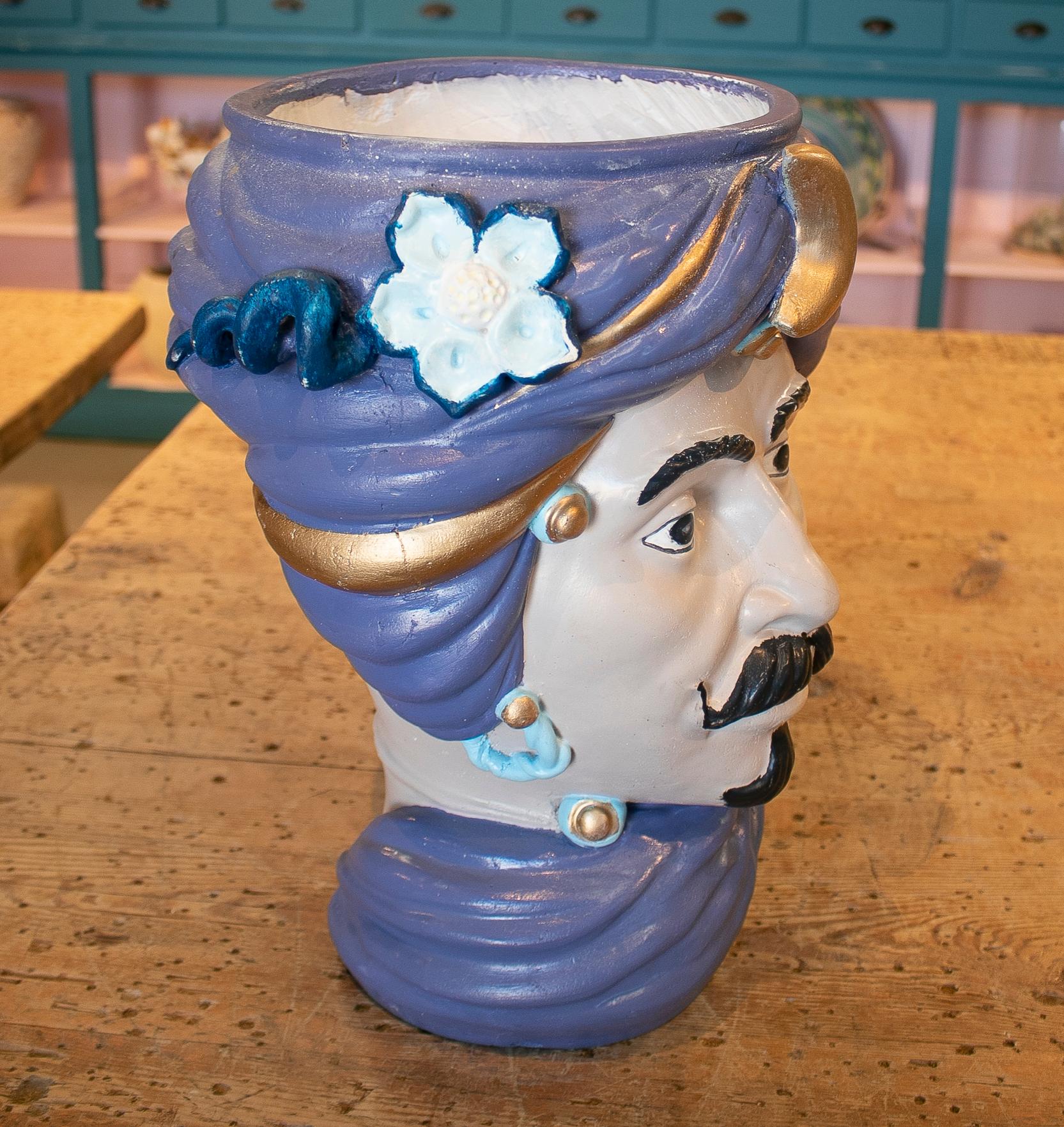 1980s Spanish Hand Painted Ceramic Vase Representing an Arab Figure 2