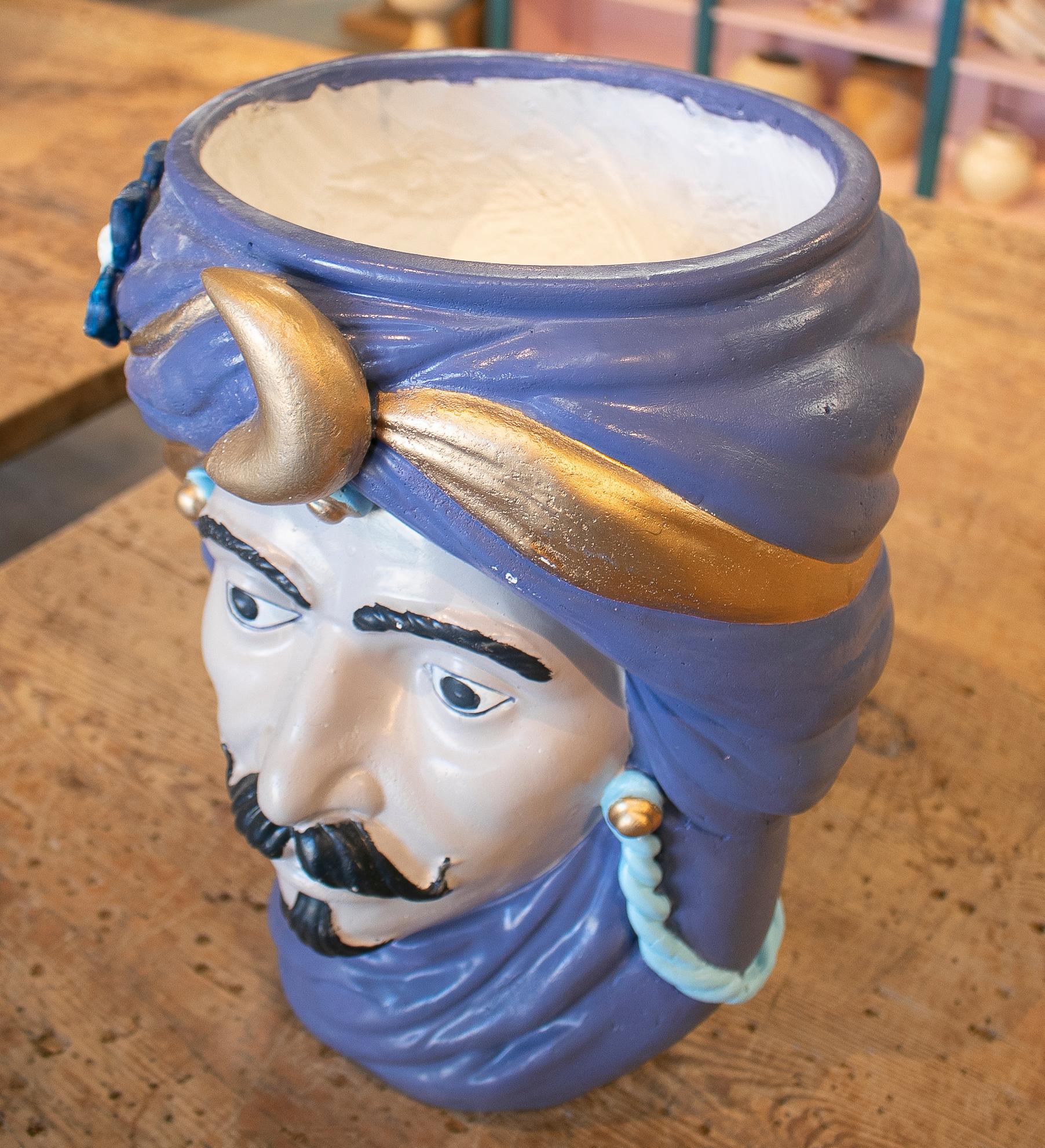 1980s Spanish Hand Painted Ceramic Vase Representing an Arab Figure 3