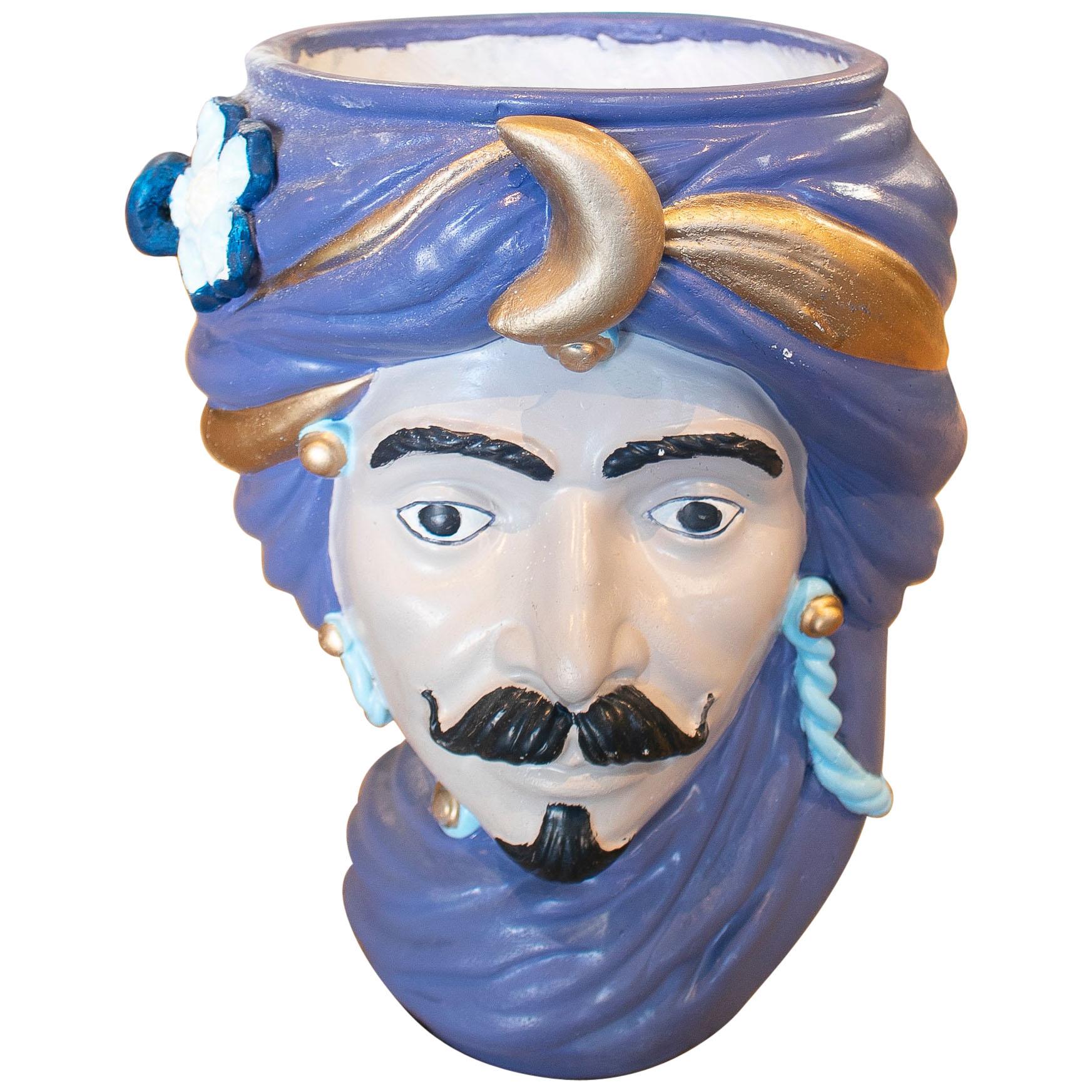 1980s Spanish Hand Painted Ceramic Vase Representing an Arab Figure