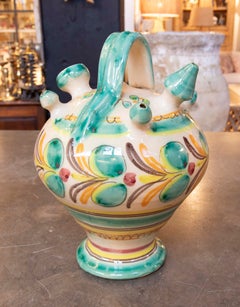 1980s Spanish Hand-painted Glazed Ceramic Botijo