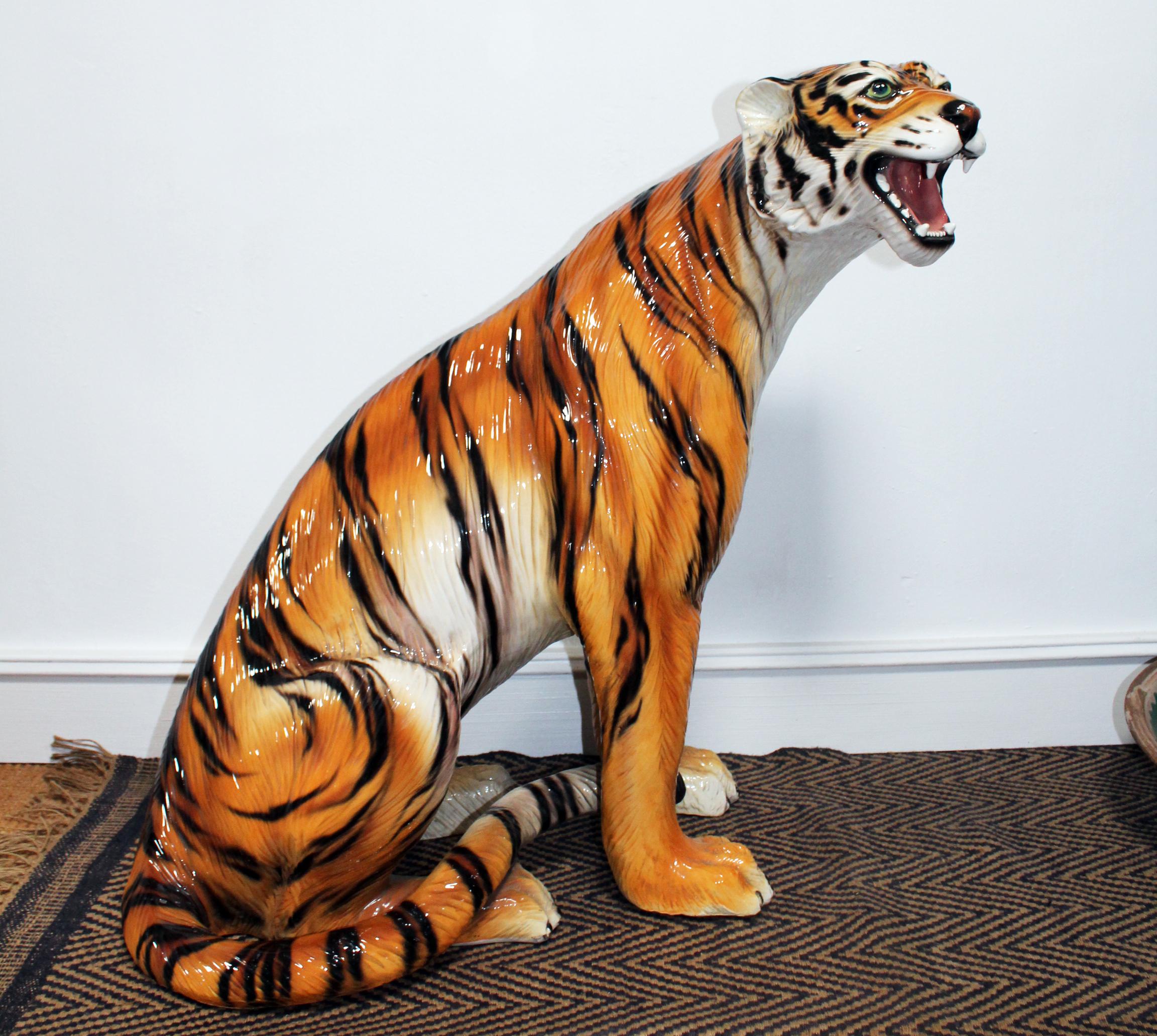 1980s Spanish hand painted glazed ceramic tiger sculpture.