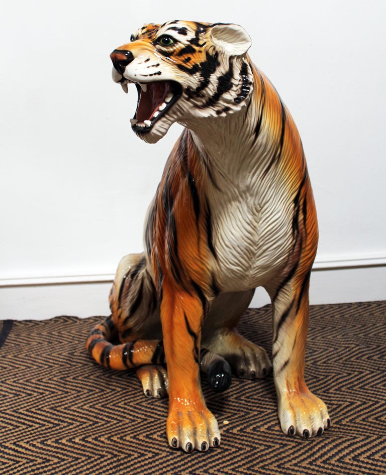 1980s Spanish Hand Painted Glazed Ceramic Tiger Sculpture For Sale at