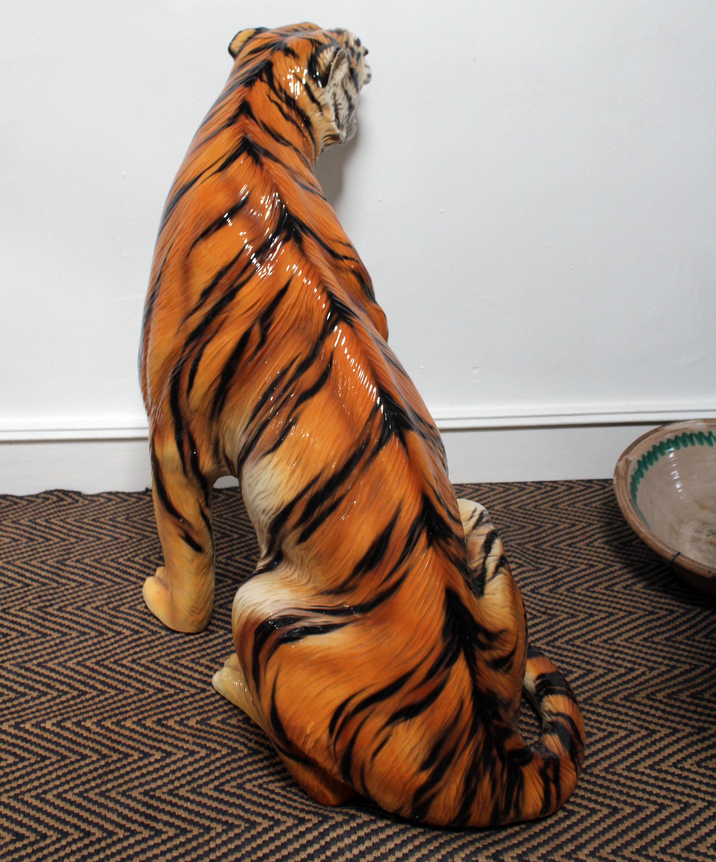 20th Century 1980s Spanish Hand Painted Glazed Ceramic Tiger Sculpture For Sale