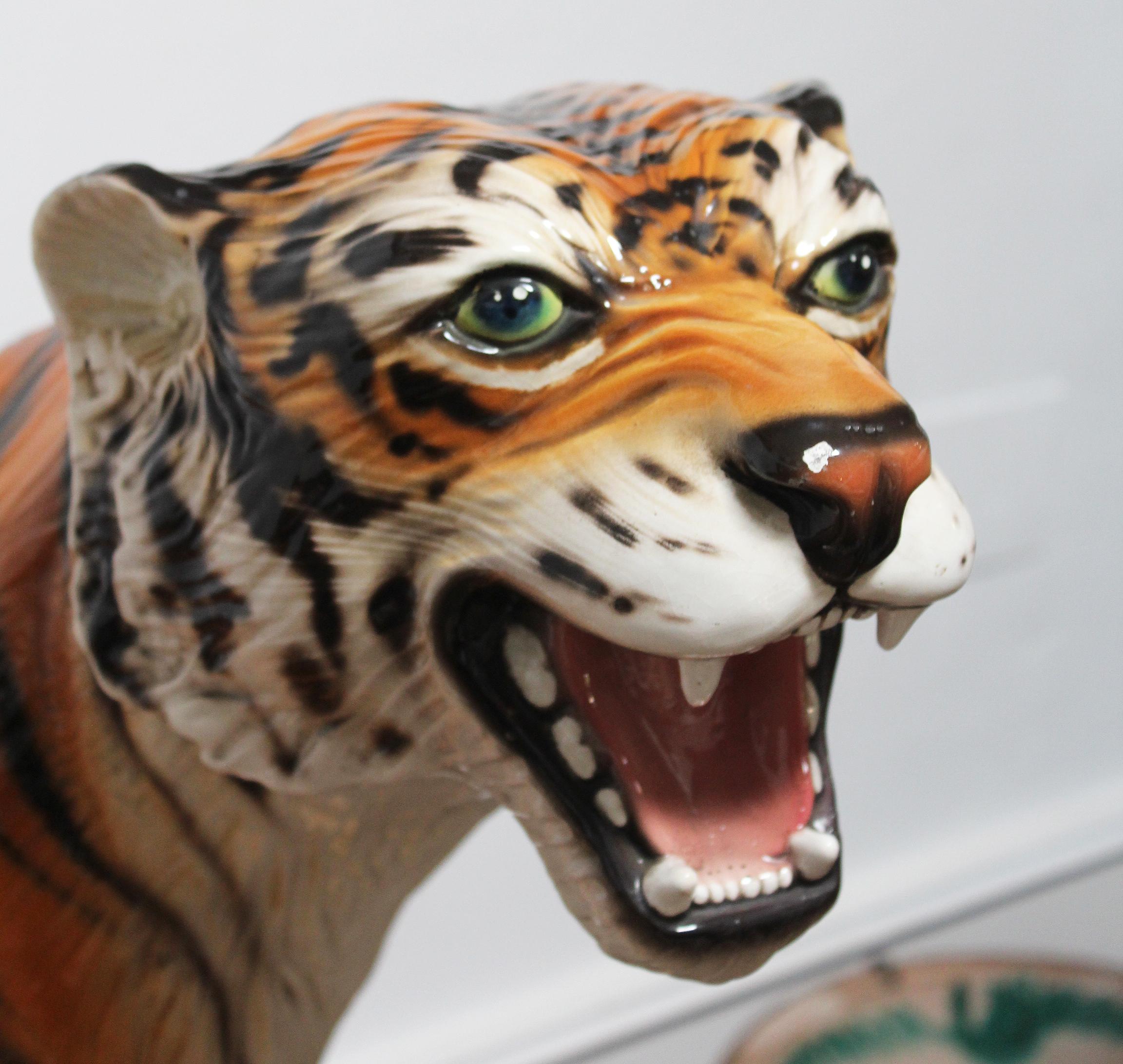 1980s Spanish Hand Painted Glazed Ceramic Tiger Sculpture For Sale 3