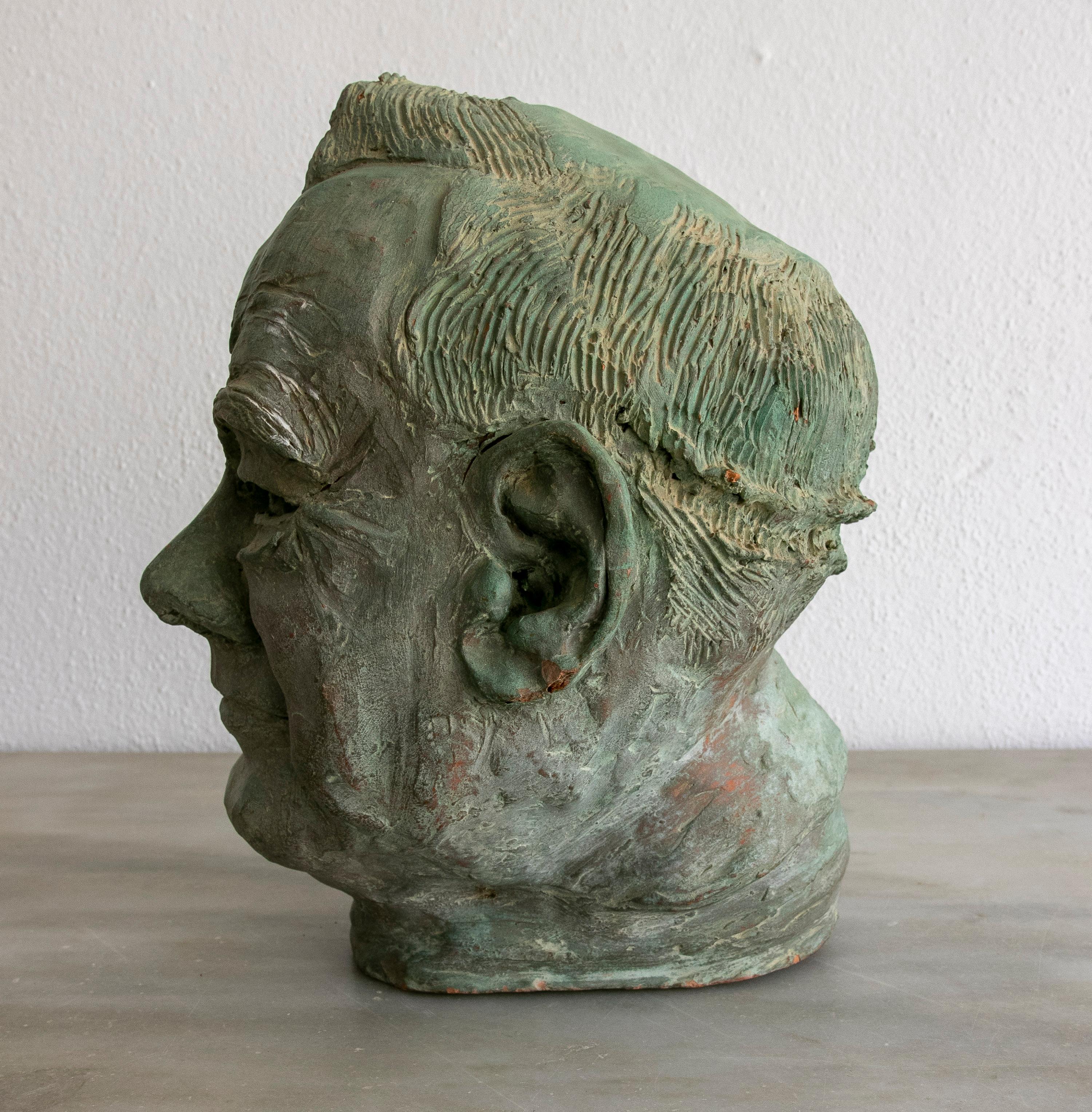 20th Century 1980s Spanish Hand Sculpted Terracotta Ceramic Bust w/ Faux Bronze Patina For Sale