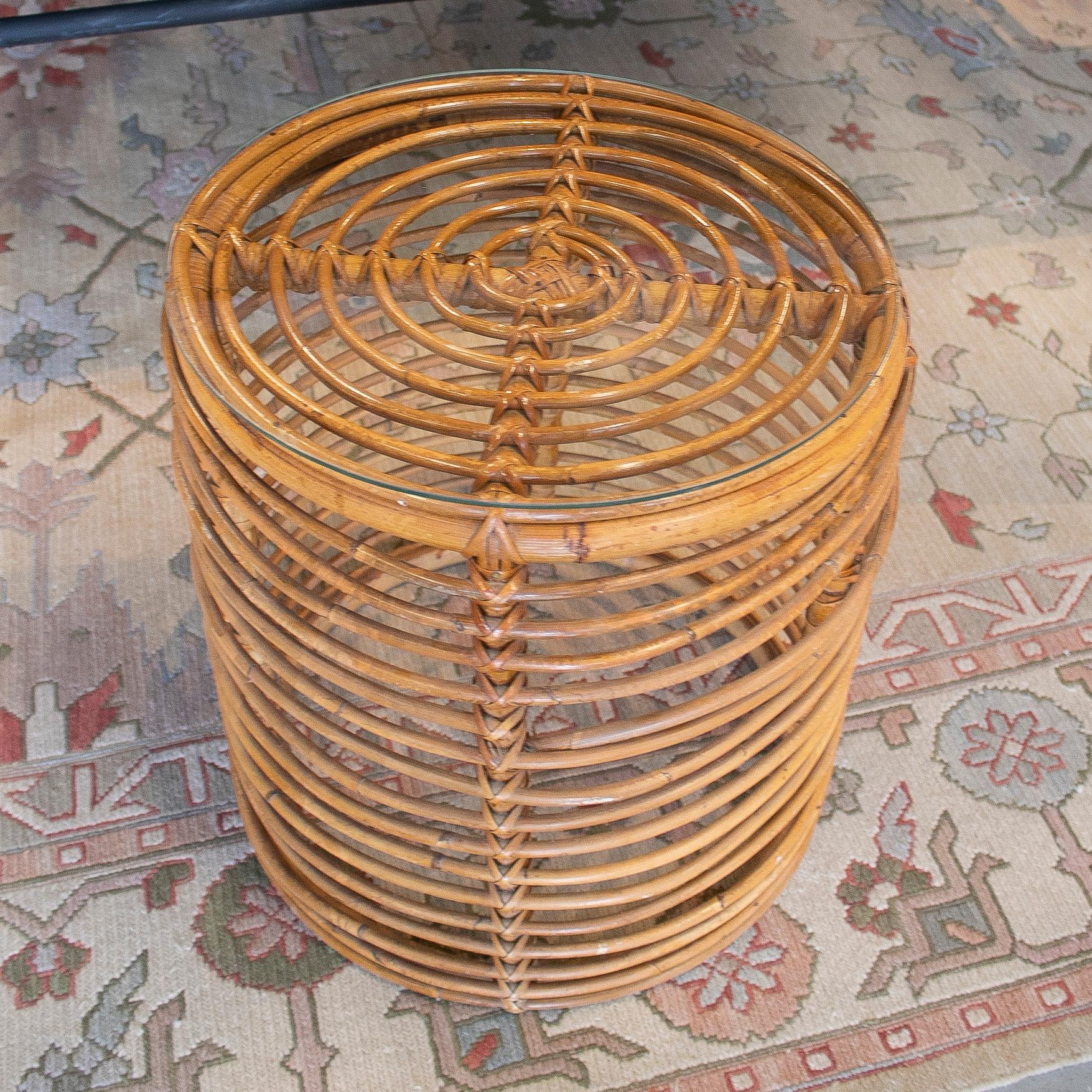 1980s Spanish Hand Woven Bamboo Round Side Table w/ Glass Top 1