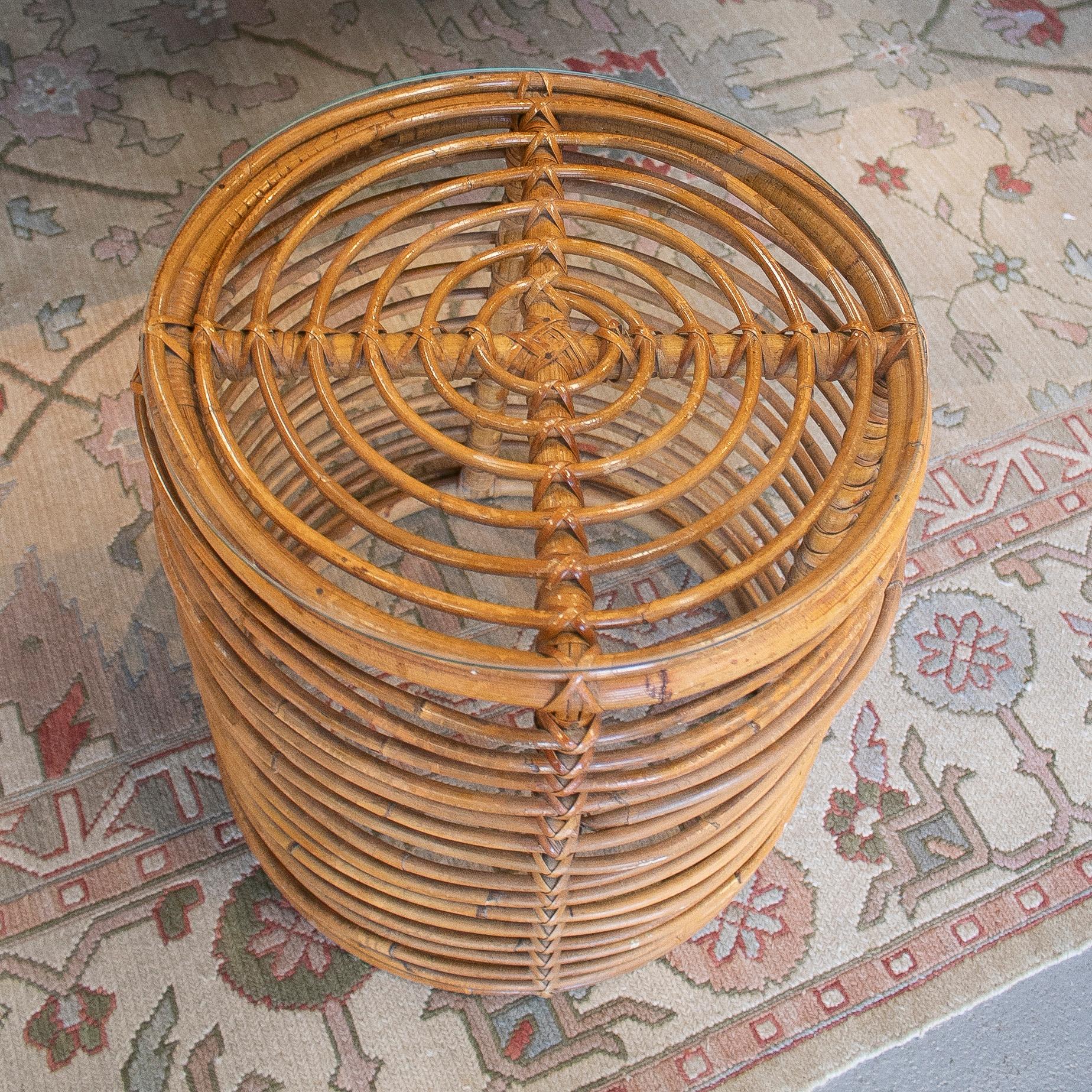 1980s Spanish Hand Woven Bamboo Round Side Table w/ Glass Top 2