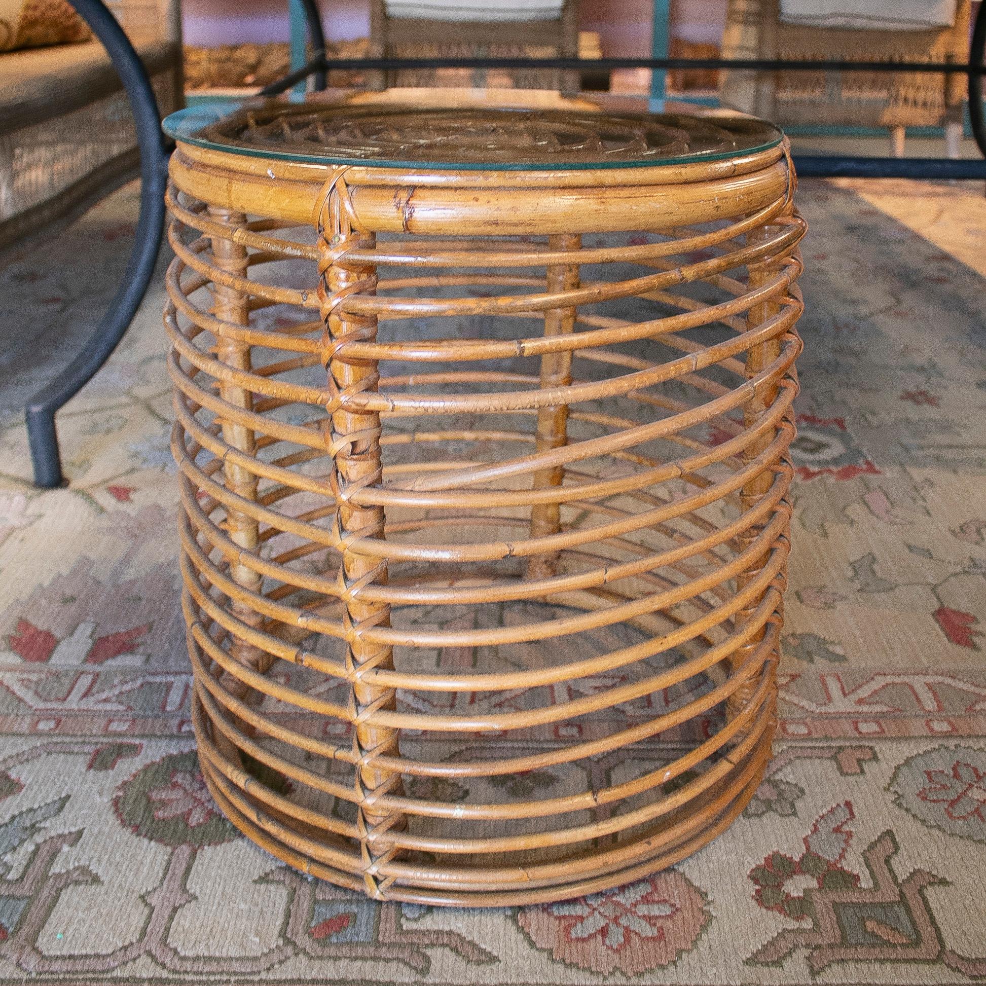 1980s Spanish Hand Woven Bamboo Round Side Table w/ Glass Top 3