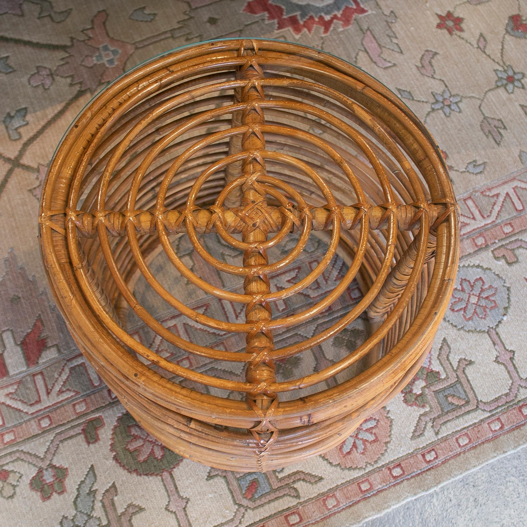1980s Spanish Hand Woven Bamboo Round Side Table w/ Glass Top 5