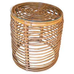 1980s Spanish Hand Woven Bamboo Round Side Table w/ Glass Top 1980s Spanish Hand Woven Bamboo Round Side Table w/ Glass Top