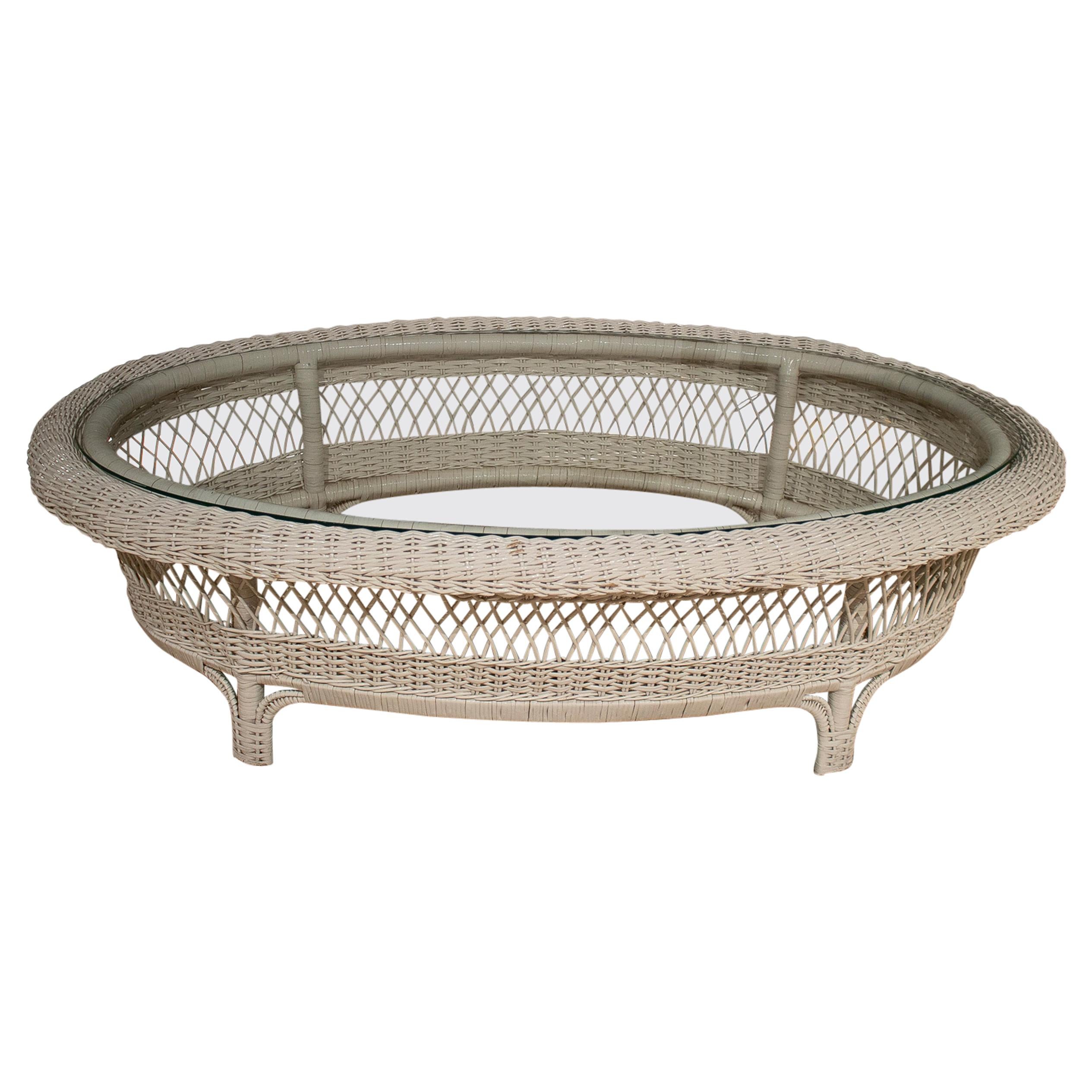 Antique Stick Wicker Oval Shape Coffee or Cocktail Table For Sale at