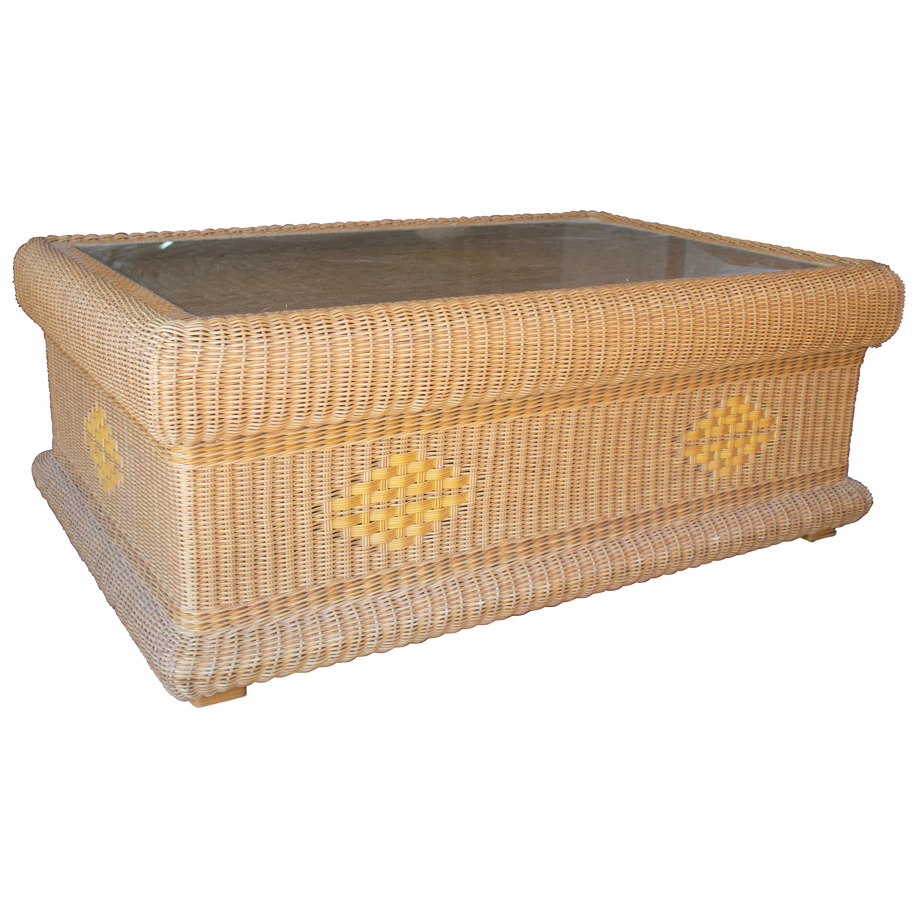 1980s Spanish Hand Woven Wicker Coffee Table w/ Glass Top For Sale