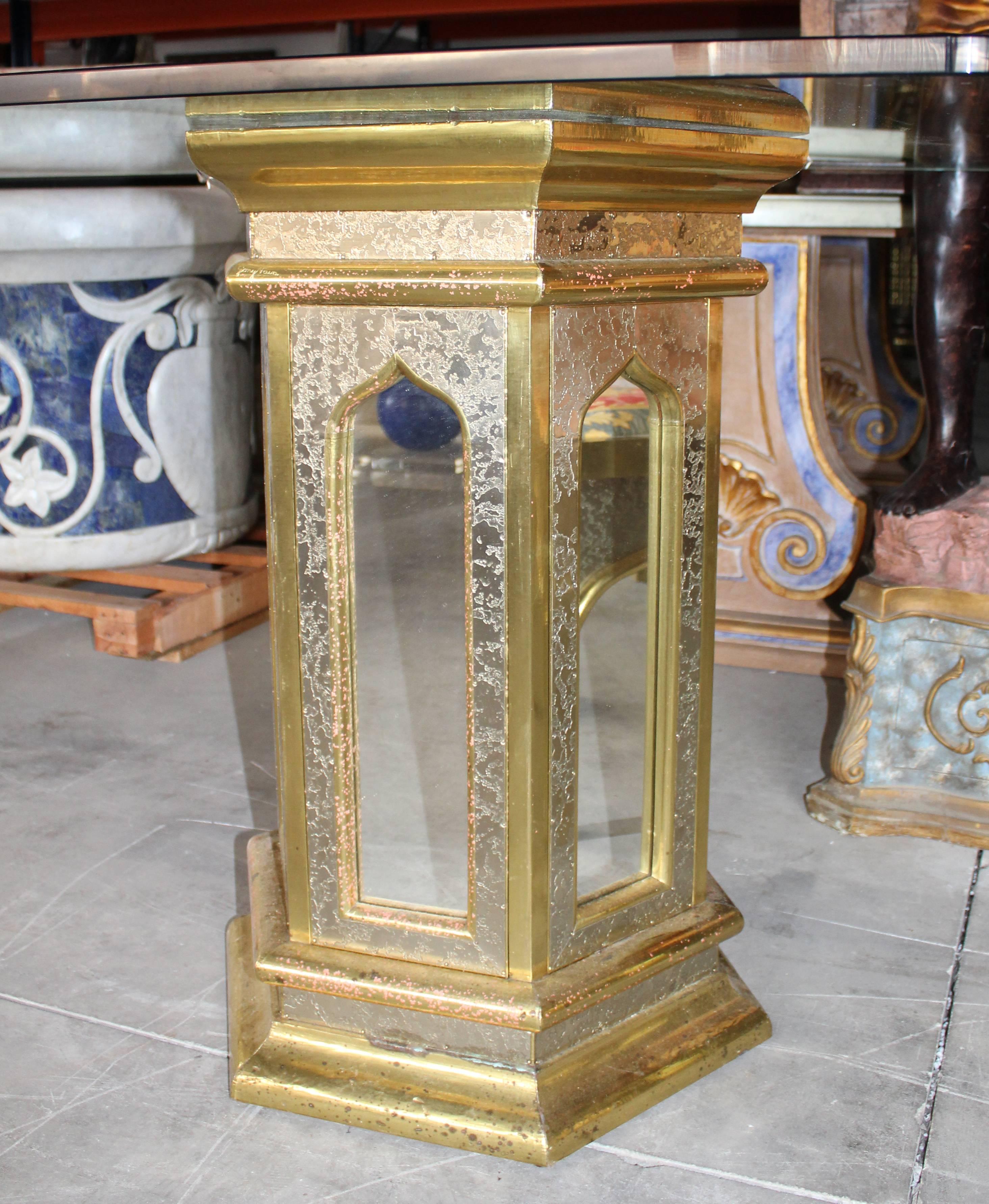 Bronze 1980s Spanish Handcrafted Brass and Mirror Glass Table