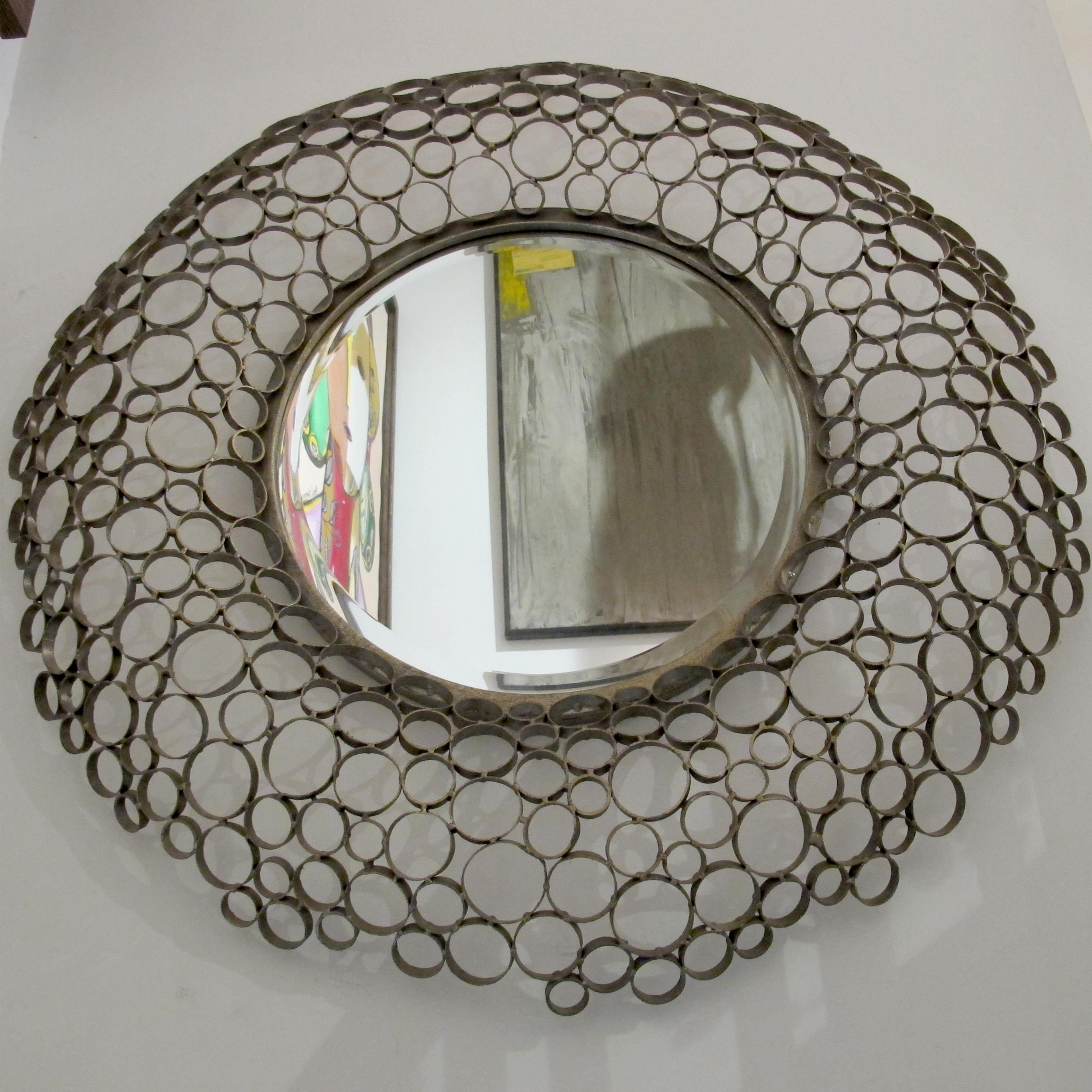 Post-Modern 1980s Spanish Handcrafted Geometric Metal Circle Mirror For Sale