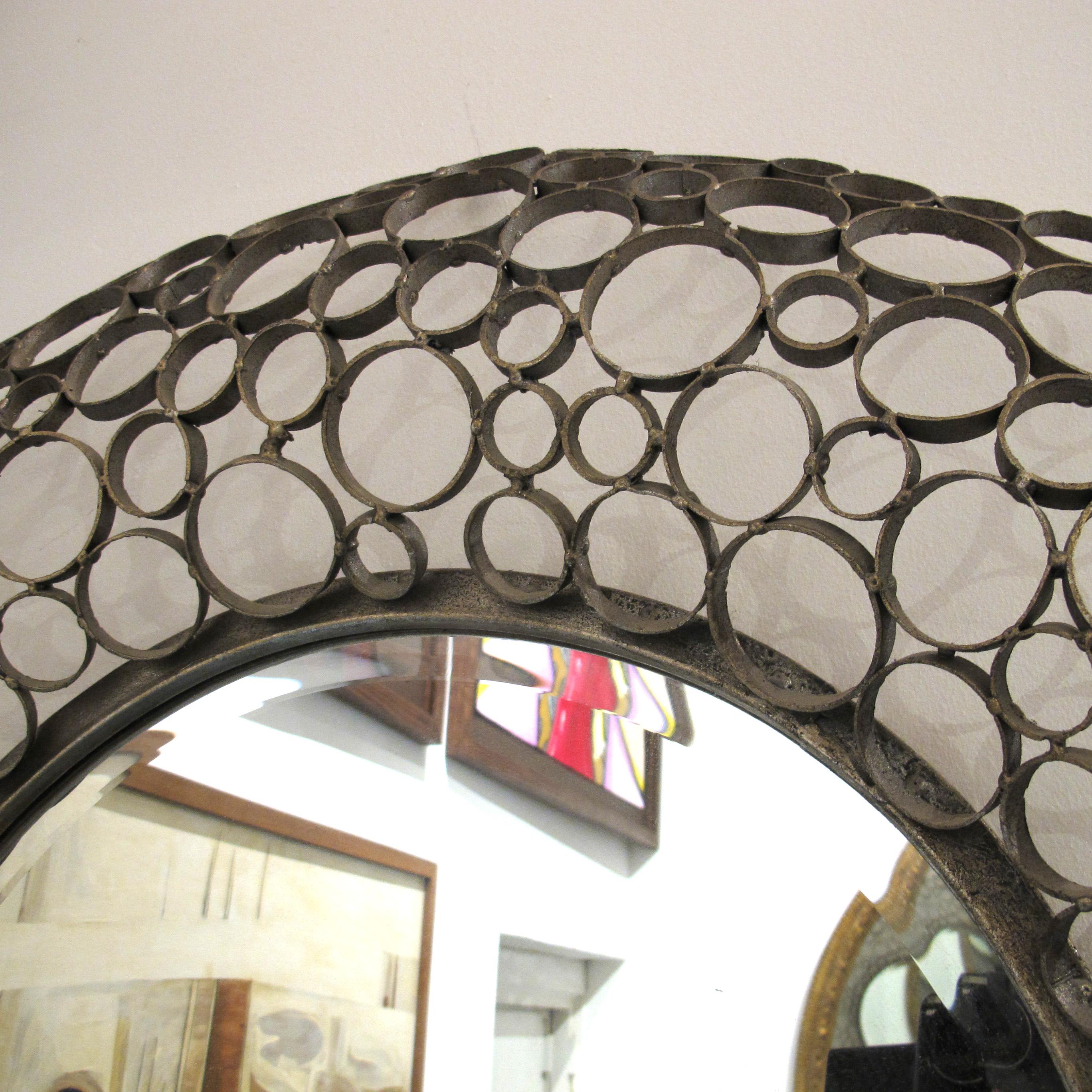 Hand-Crafted 1980s Spanish Handcrafted Geometric Metal Circle Mirror For Sale