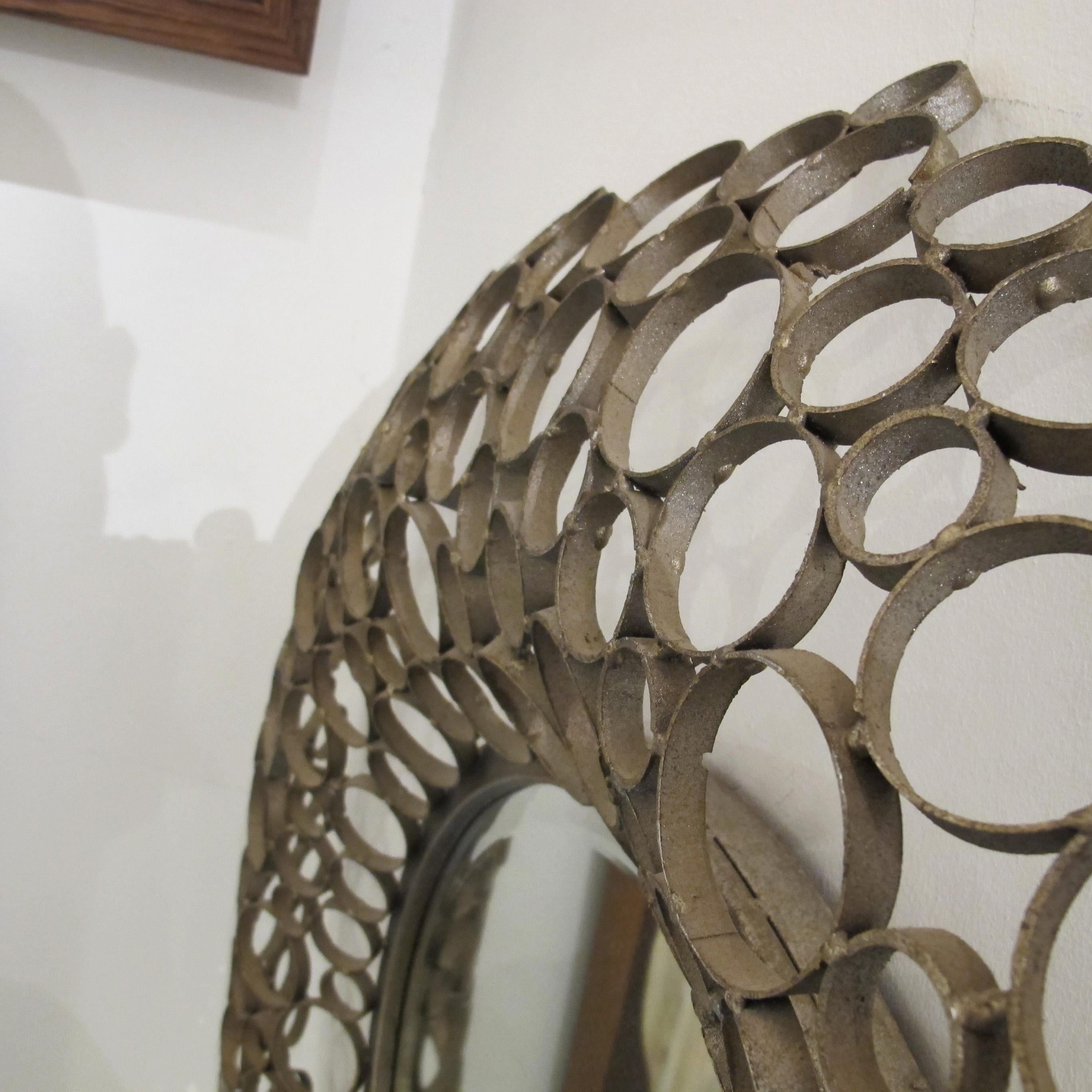 1980s Spanish Handcrafted Geometric Metal Circle Mirror In Good Condition For Sale In London, GB
