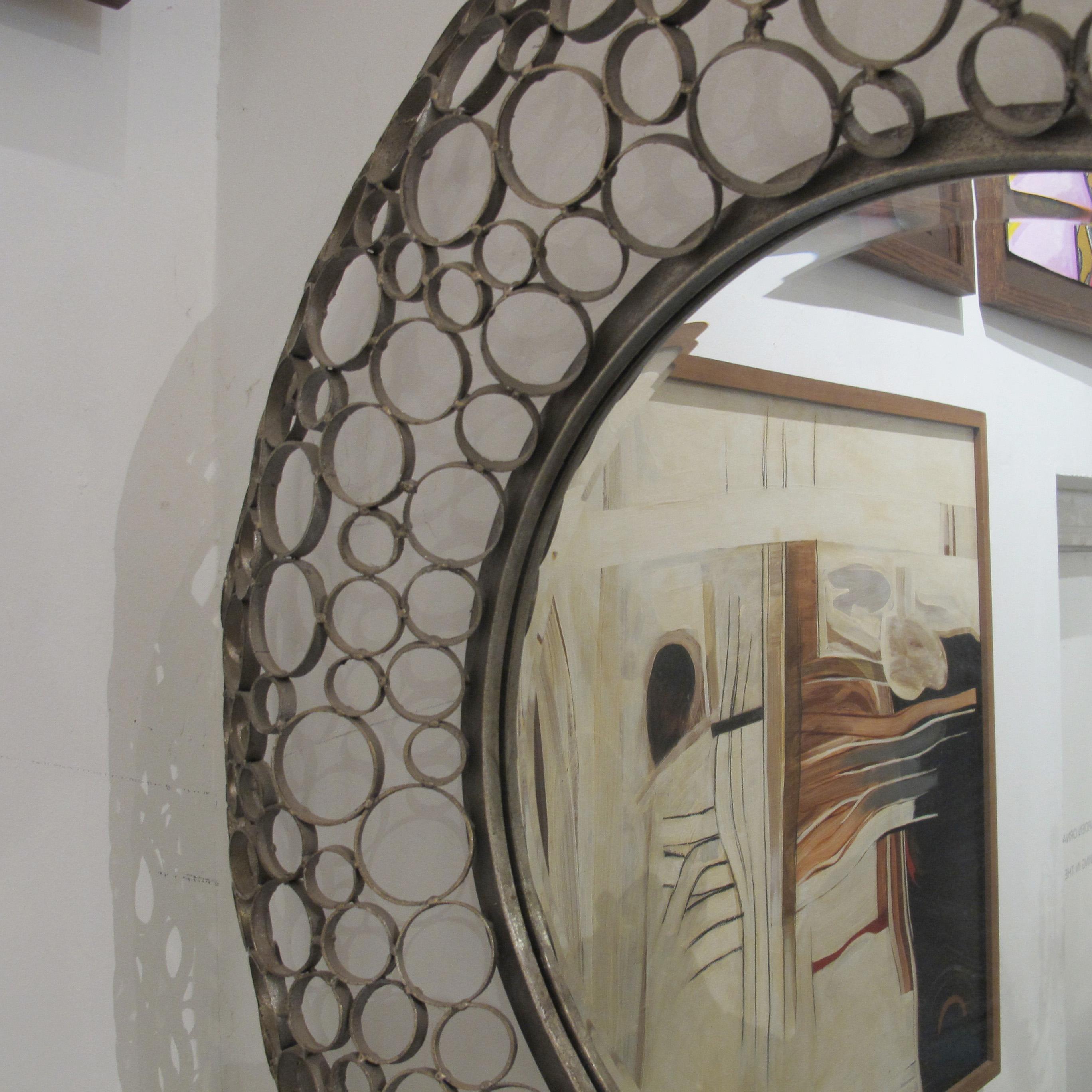 Late 20th Century 1980s Spanish Handcrafted Geometric Metal Circle Mirror For Sale