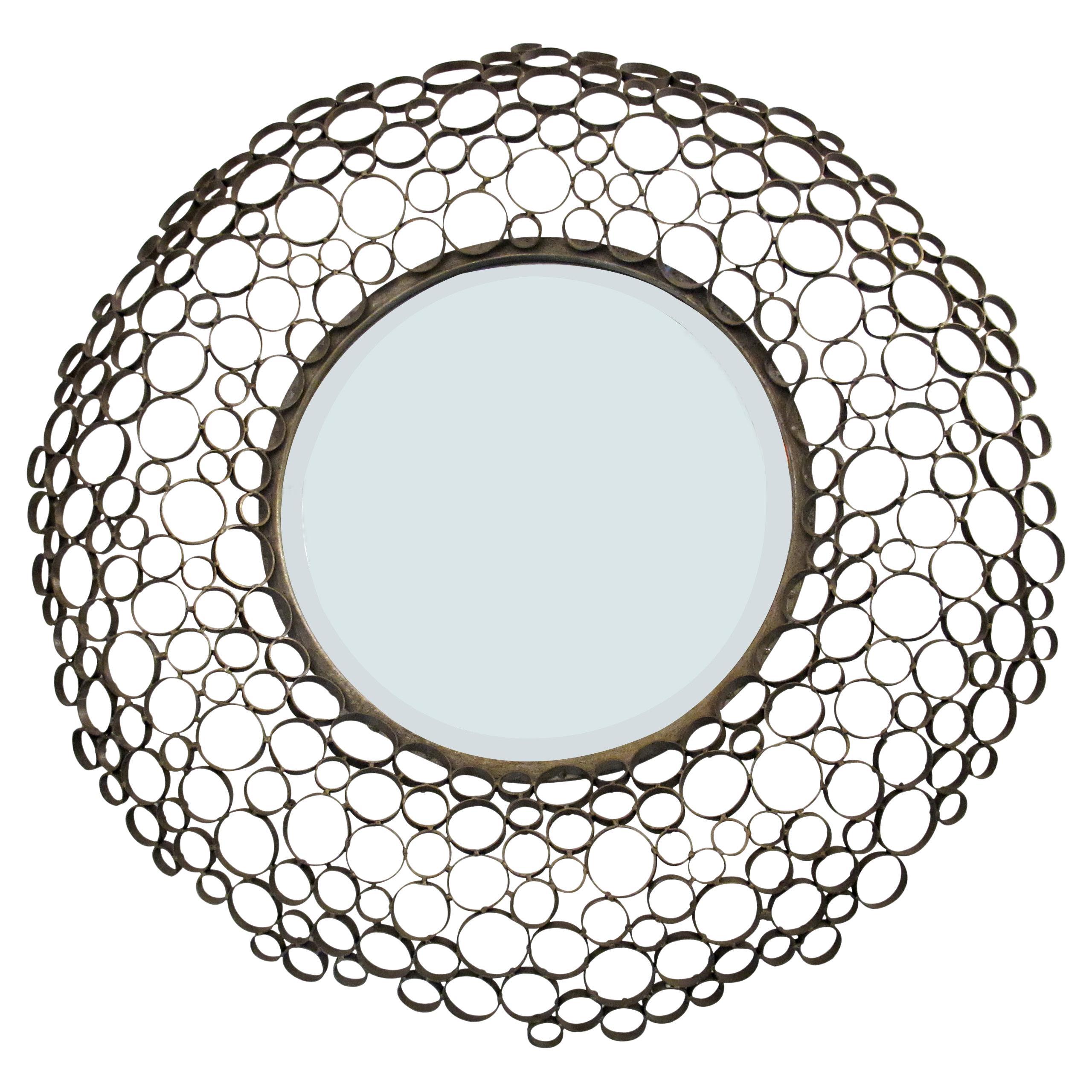 1980s Spanish Handcrafted Geometric Metal Circle Mirror For Sale