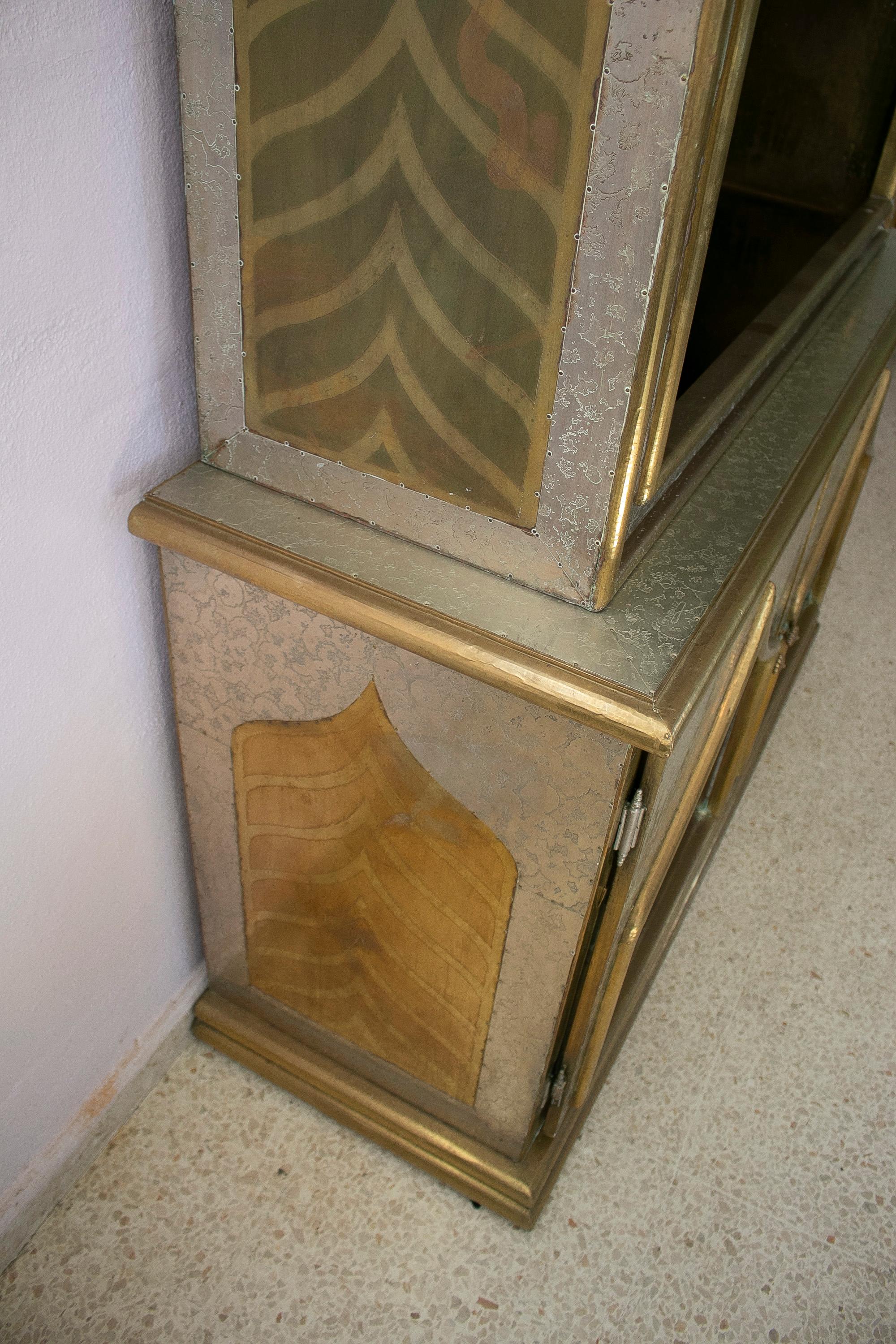1980s Spanish Handcrafted Two-Tone Bronze Lined Cabinet Signed 