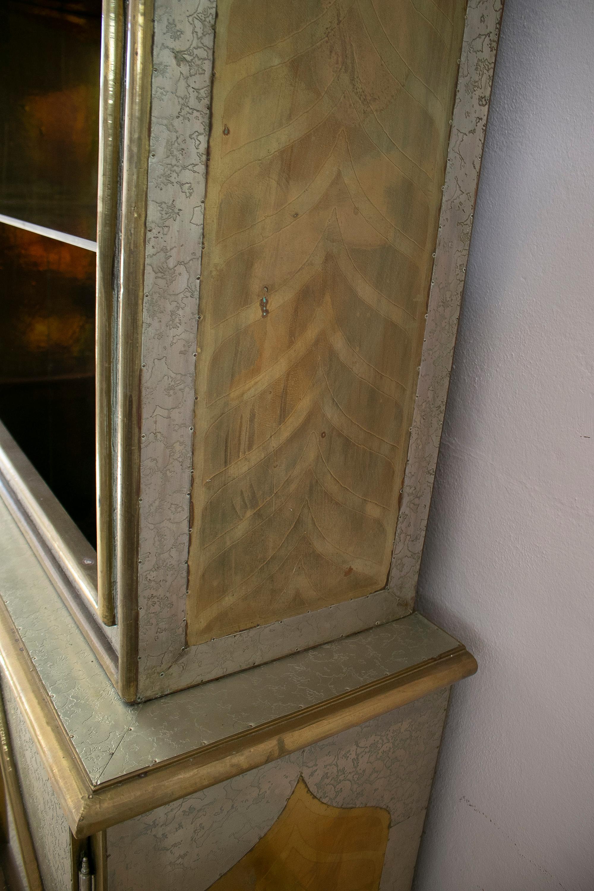 1980s Spanish Handcrafted Two-Tone Bronze Lined Cabinet Signed 