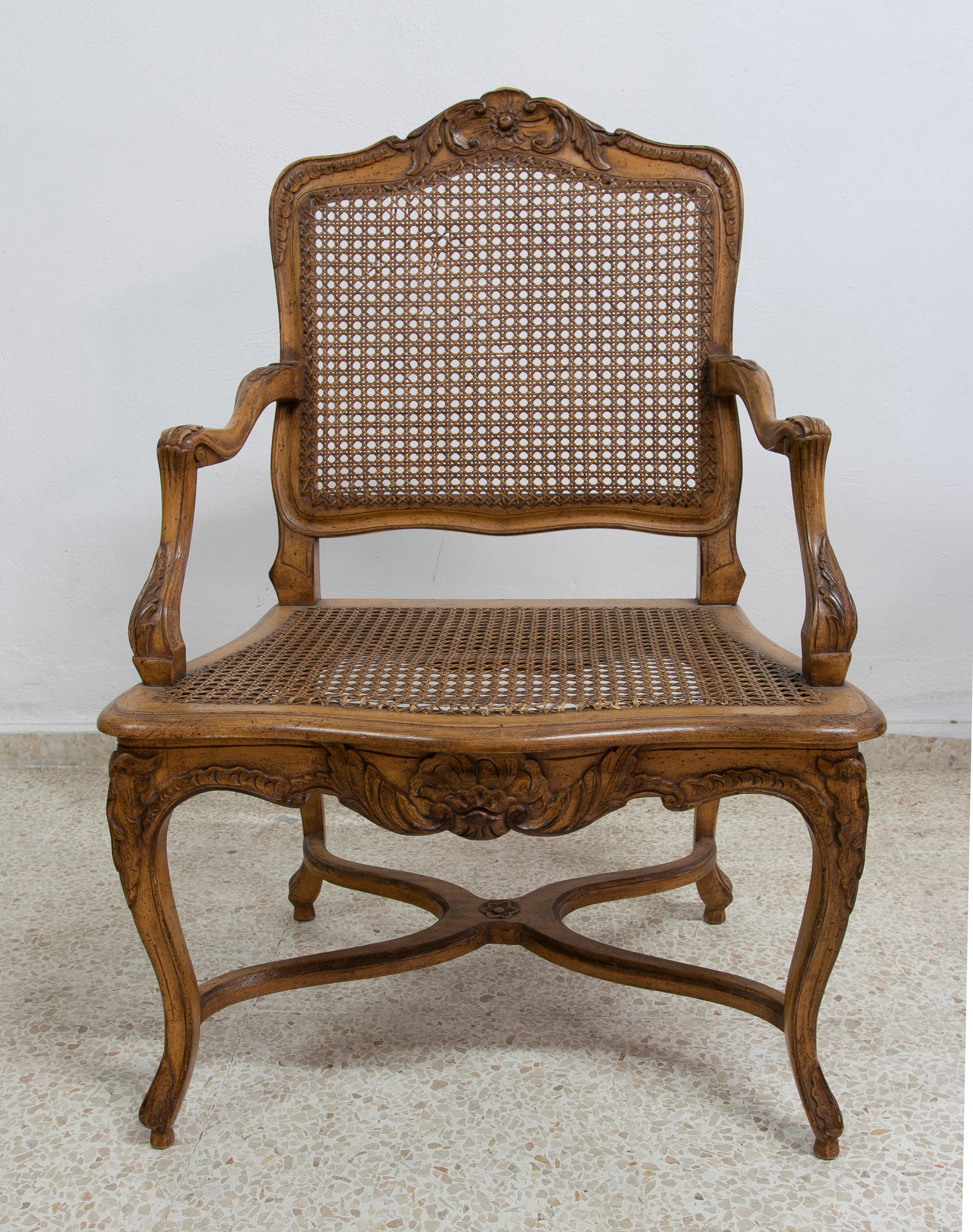 1980s Spanish Handmade Oak Wood & Woven Cane Set of 8-Chairs & 2-Armchairs 4