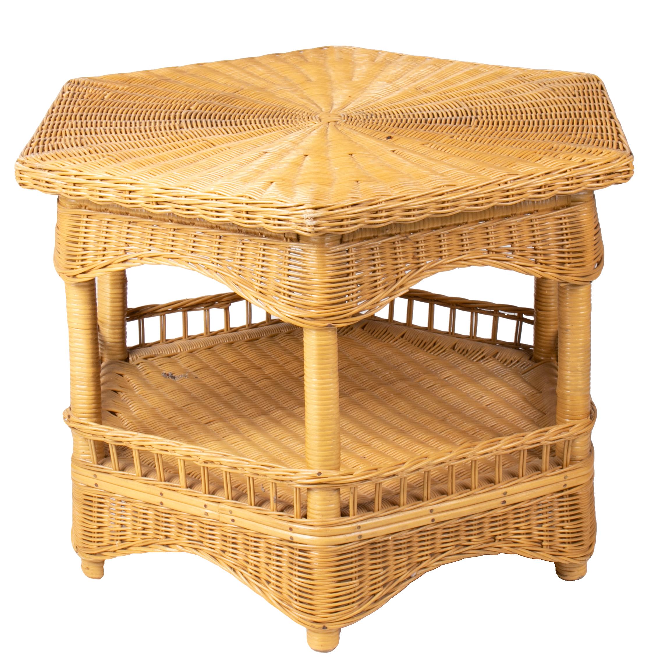 1980s Spanish hexagonal wicker auxiliary table hand woven over a wooden frame.