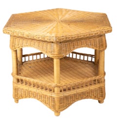 1980s Spanish Hexagonal Hand Woven Wicker Auxiliary Table