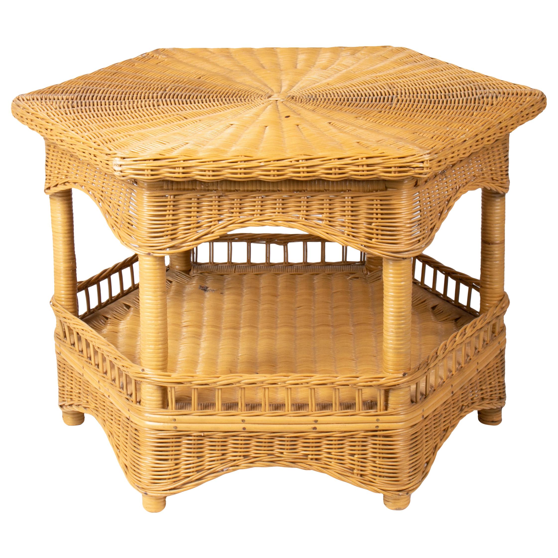 1980s Spanish Hexagonal Hand Woven Wicker Auxiliary Table