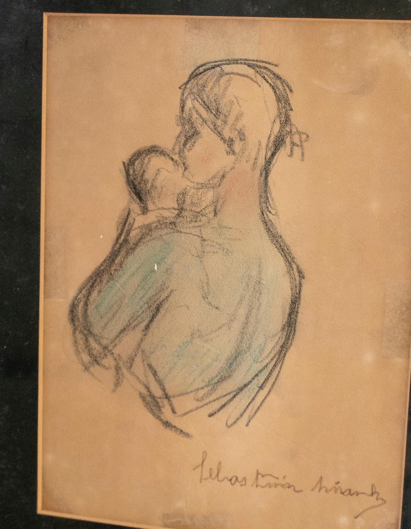 1980s Spanish mother and child hand drawing with gilt frame

Measure with frame: 38 x 31 x 2cm.
 
