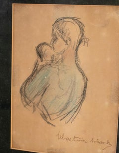 1980s Spanish Mother & Child Hand Drawing w/ Gilt Frame