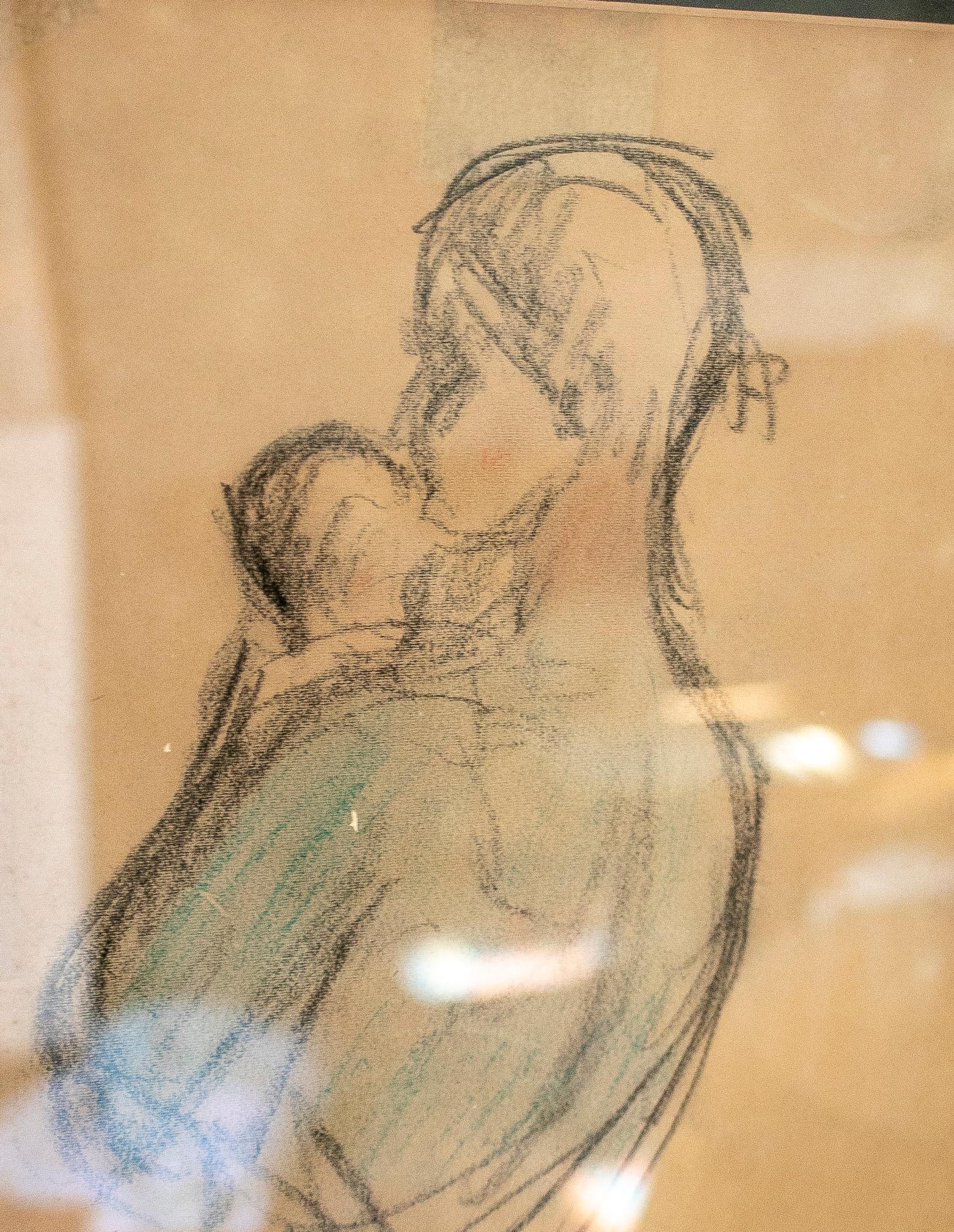 20th Century 1980s Spanish Mother & Child Hand Drawing w/ Gilt Frame For Sale