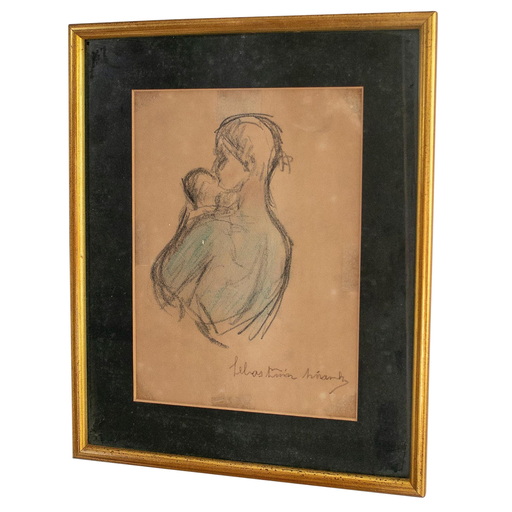 Motif de mère et d'enfant espagnol des années 1980 dessiné à la main avec cadre doré