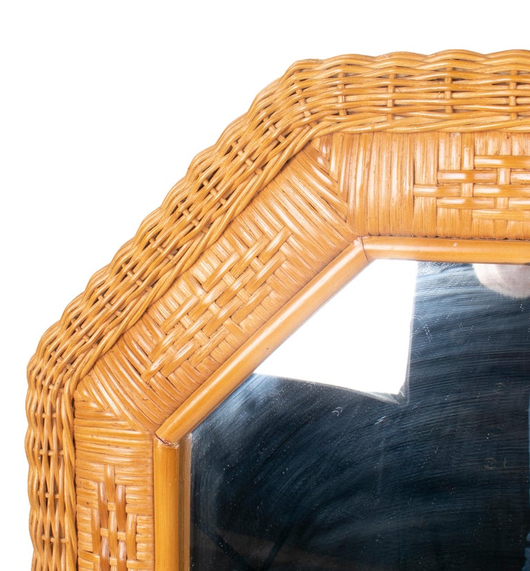 1980s Spanish Octagonal Wicker Frame Mirror For Sale at 1stDibs