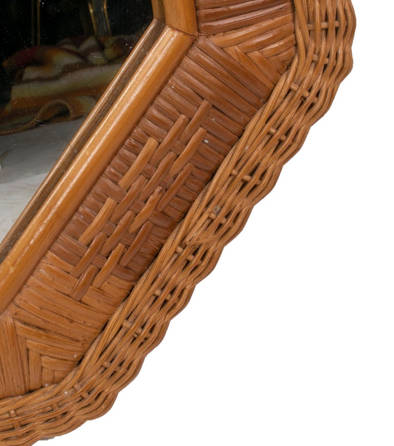 1980s Spanish Octagonal Wicker Frame Mirror For Sale at 1stDibs