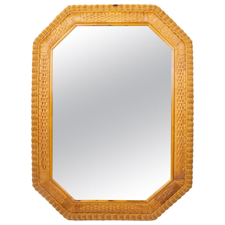 1980s Spanish Octagonal Wicker Frame Mirror For Sale at 1stDibs